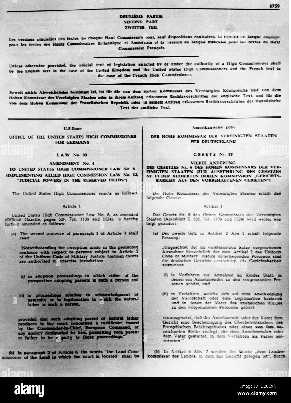 Justiz, Gesetze, Gesetz Nummer 3 des amerikanischen hochkommissars für Deutschland, Gesetzesänderung Nummer 6, Anfang der 1950er Jahre, Zusatzrechte-Clearences-nicht verfügbar Stockfoto