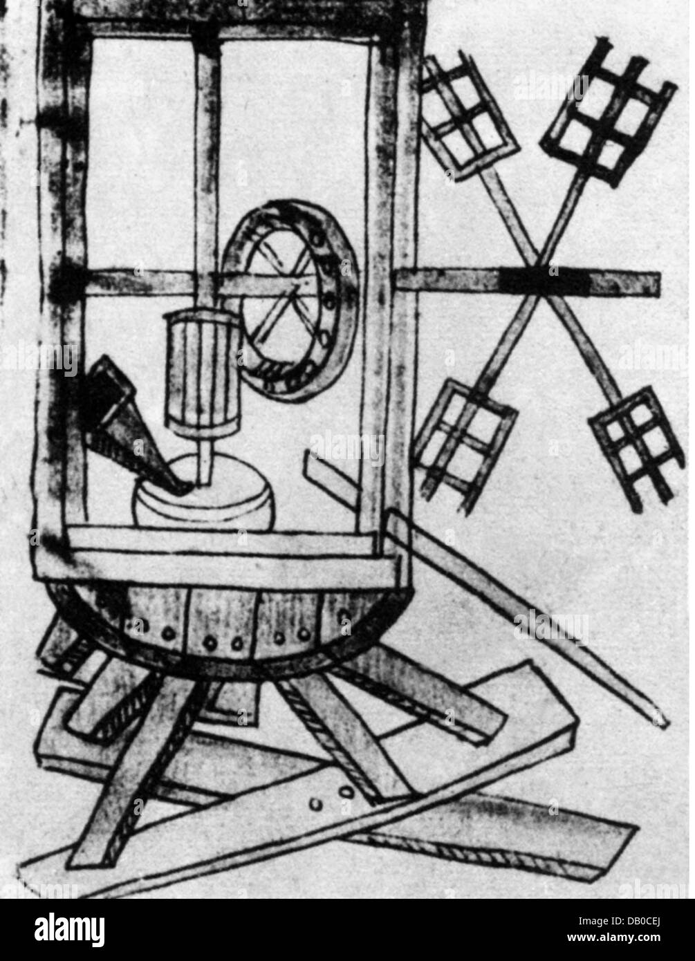 Energie, Wind, Windmühle, deutsche Postmühle, von Anonymous of the Hussite Wars, 1430, aus: Heinz Hermann Wille, Geburt der Technik, Zusatzrechte-Clearences-nicht vorhanden Stockfoto