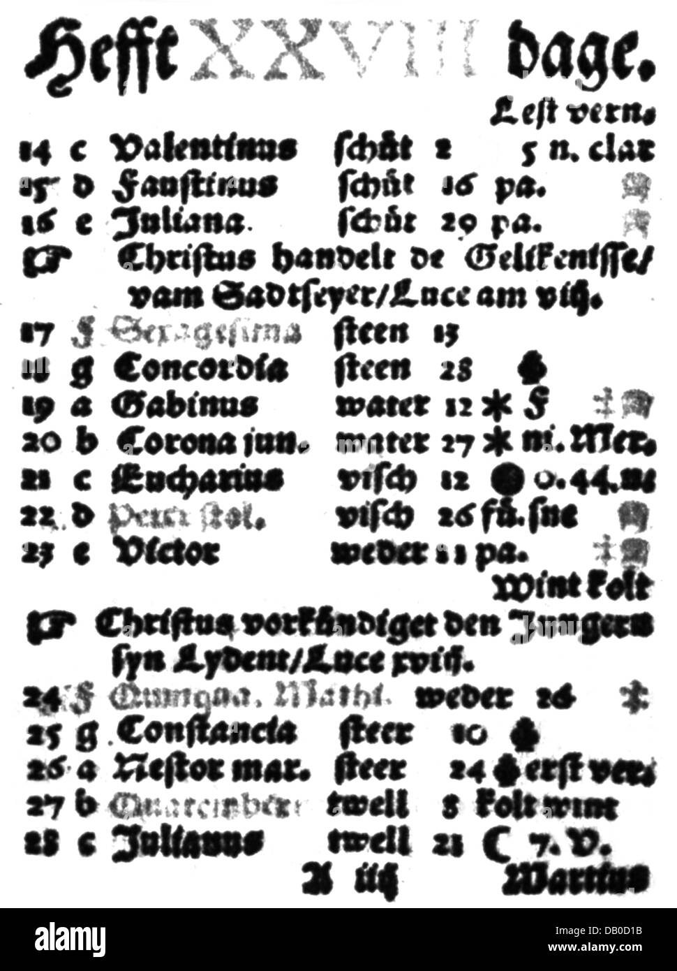 Kalender, 14. - 28. Februar 1555, von H. de verve, Magdeburg, Deutschland, 1555, Tag, Tage, Katholische Heilige, Julianischer Kalender, Monat, Monate, 16. Jahrhundert, historisch, historisch, Zusatzrechte-Clearences-nicht vorhanden Stockfoto