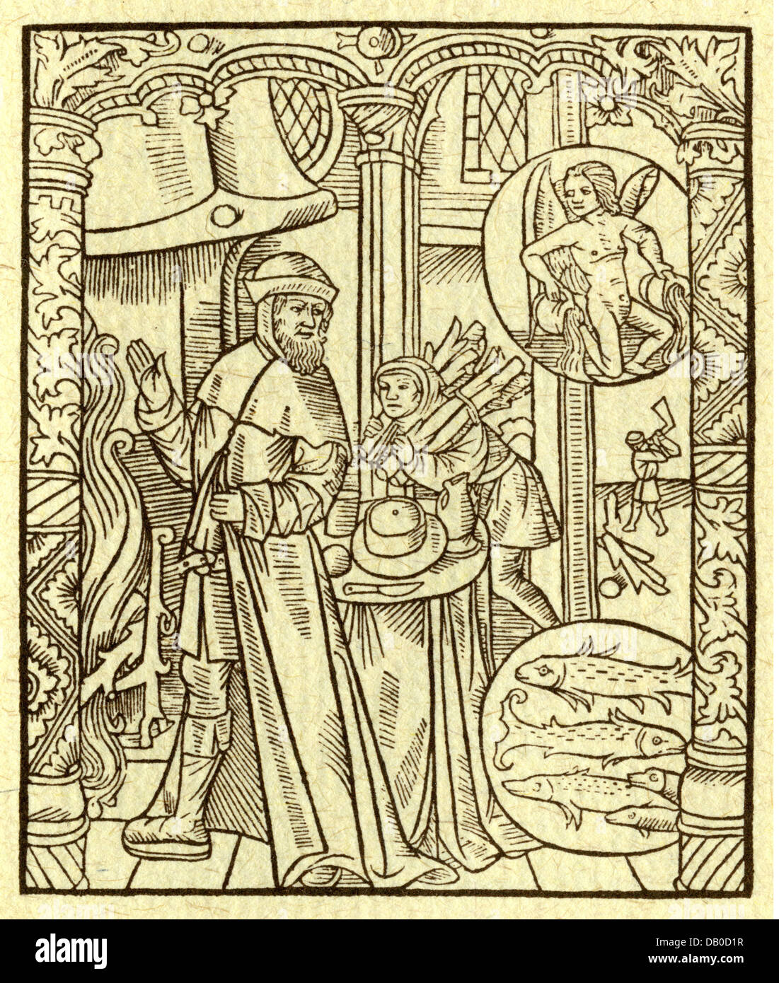 Kalender / Kalender, Arbeit der Monate, Februar, Holzschnitt, Frankreich, 15. Jahrhundert, Fische, Wassermann, Zeichen, Tierkreis, Monatsbild, Monate, Menschen, Mittelalter, Winter, Winterzeit, Wintertide, Kamin, Kamine, Holz, historisch, historisch, mittelalterlich, Additional-Rights-Clearences-not available Stockfoto