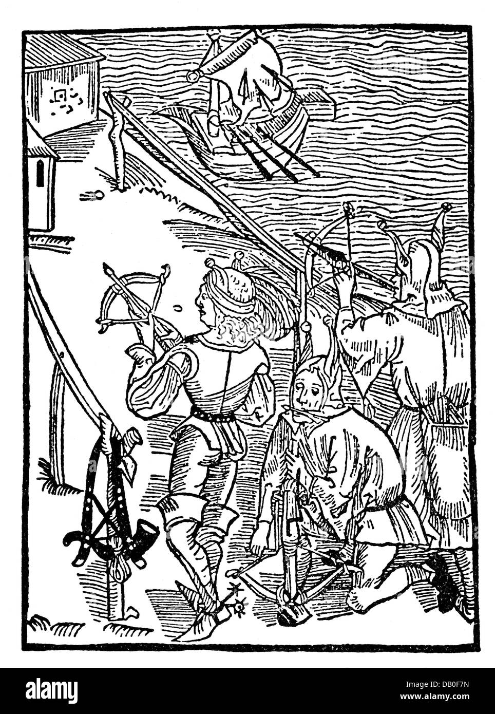 Sport, Armbrust-Schießen, Narren-Schießen mit der Armbrust, Holzschnitt, 'Ship of Fools' von Sebastian Brent, 1494, Additional-Rights-Clearences-not available Stockfoto