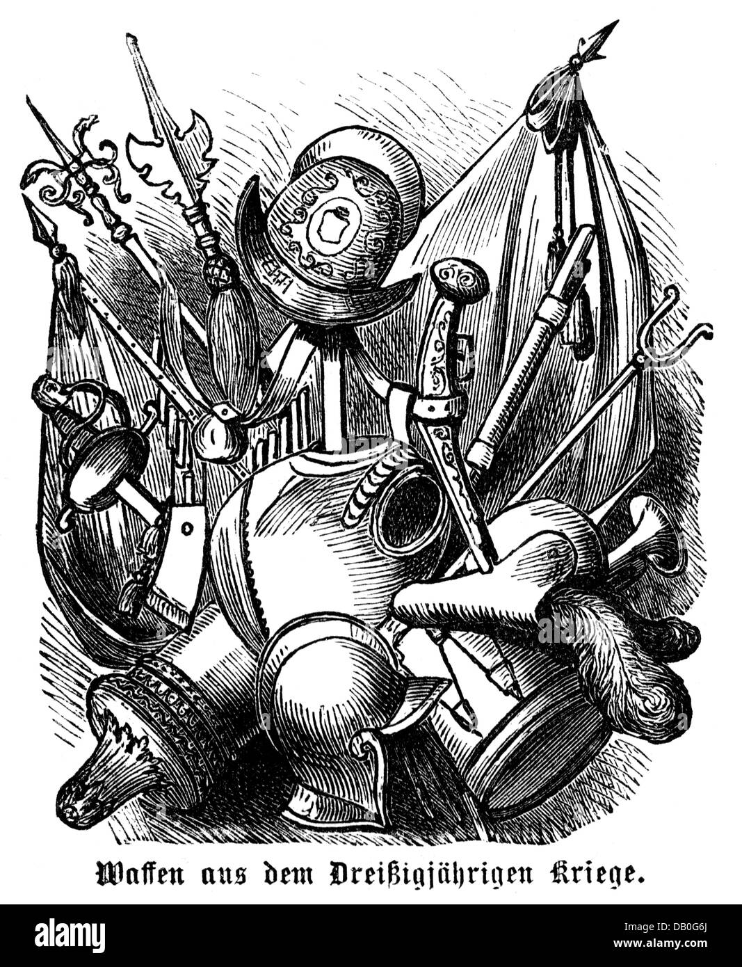 Waffen, Neuzeit, Waffen aus der Zeit des Dreißigjährigen Krieges (1618 - 1648), Holzstich, 1872, Zusatzrechte-Freiwertungen-nicht vorhanden Stockfoto