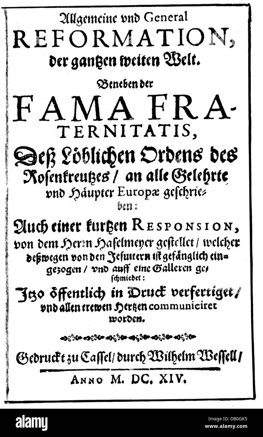 Religion, Sekte, Rosenkreuzer, Schrift 'Fama Fraternitatis', gedruckt von Wilhelm Wessell, Cassel, 1614, Titel, Zusatzrechte-Clearences-nicht vorhanden Stockfoto