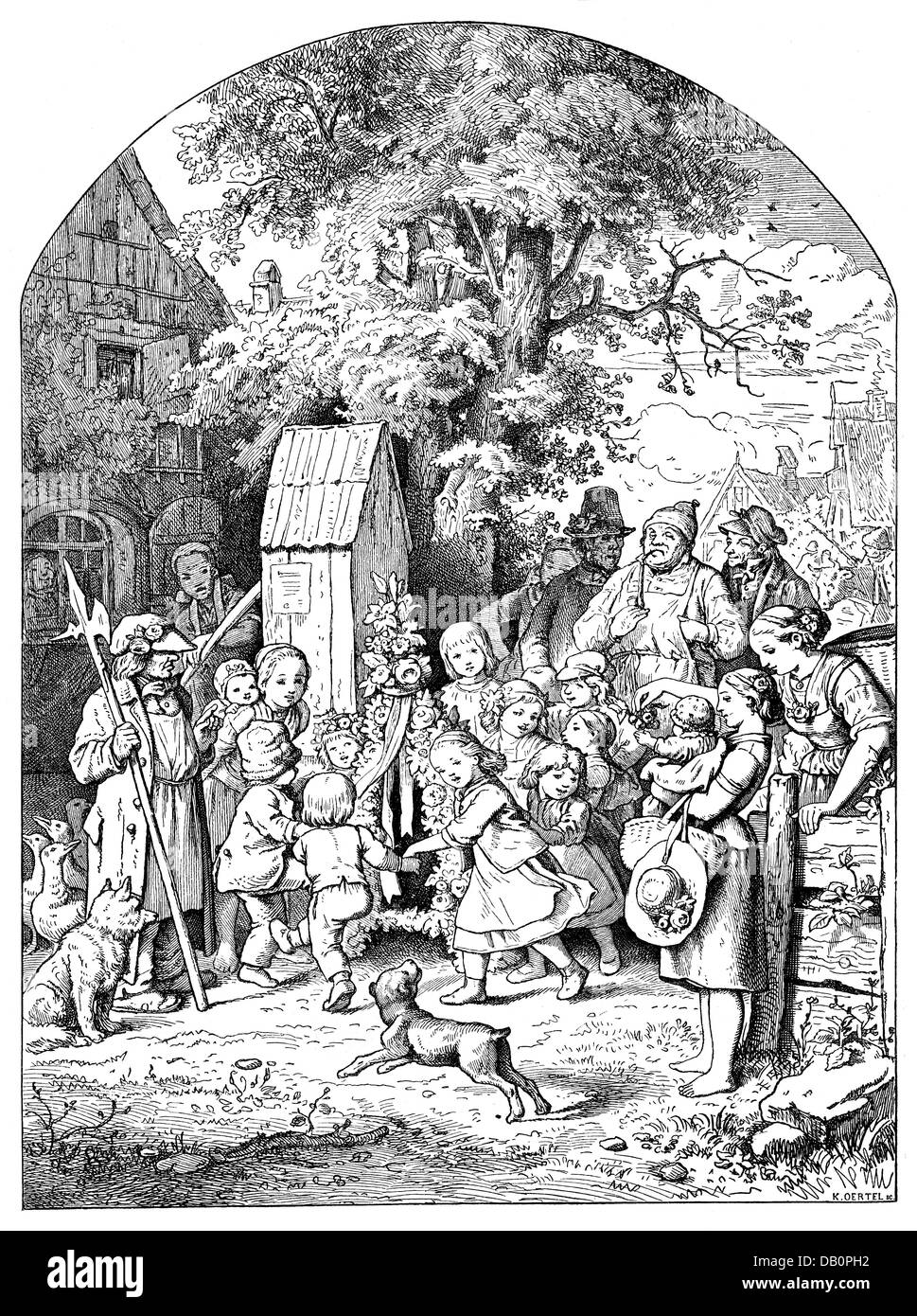 Festlichkeiten, Johannisabend, Kinder mit Hund tanzen um Johanniskrone, nach Ludwig Richter (1803 - 1884), Holzstich, von K.Oertel, aus: 'Neuer Strauss fürs Haus', Alphons Dürr Verlag, Leipzig, 1864, Zusatzrechte-Clearenzen-nicht vorhanden Stockfoto