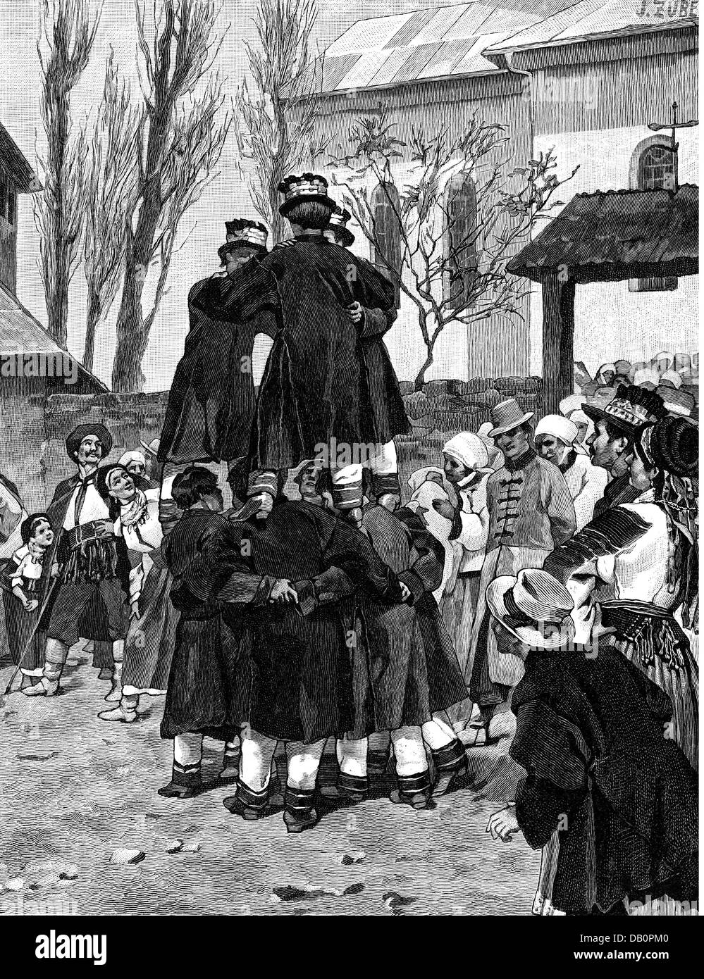 Festlichkeiten, Ostern, Osterspiel in Tyskowce, wo junge Männer eine lebende Pyramide ("kleine Kirche") aufbauen, nach Ölgemälde auf Karton, von Julius Zuber (1861 - 1910), Holzstich, um 1900, Zusatzrechte-Clearenzen-nicht vorhanden Stockfoto