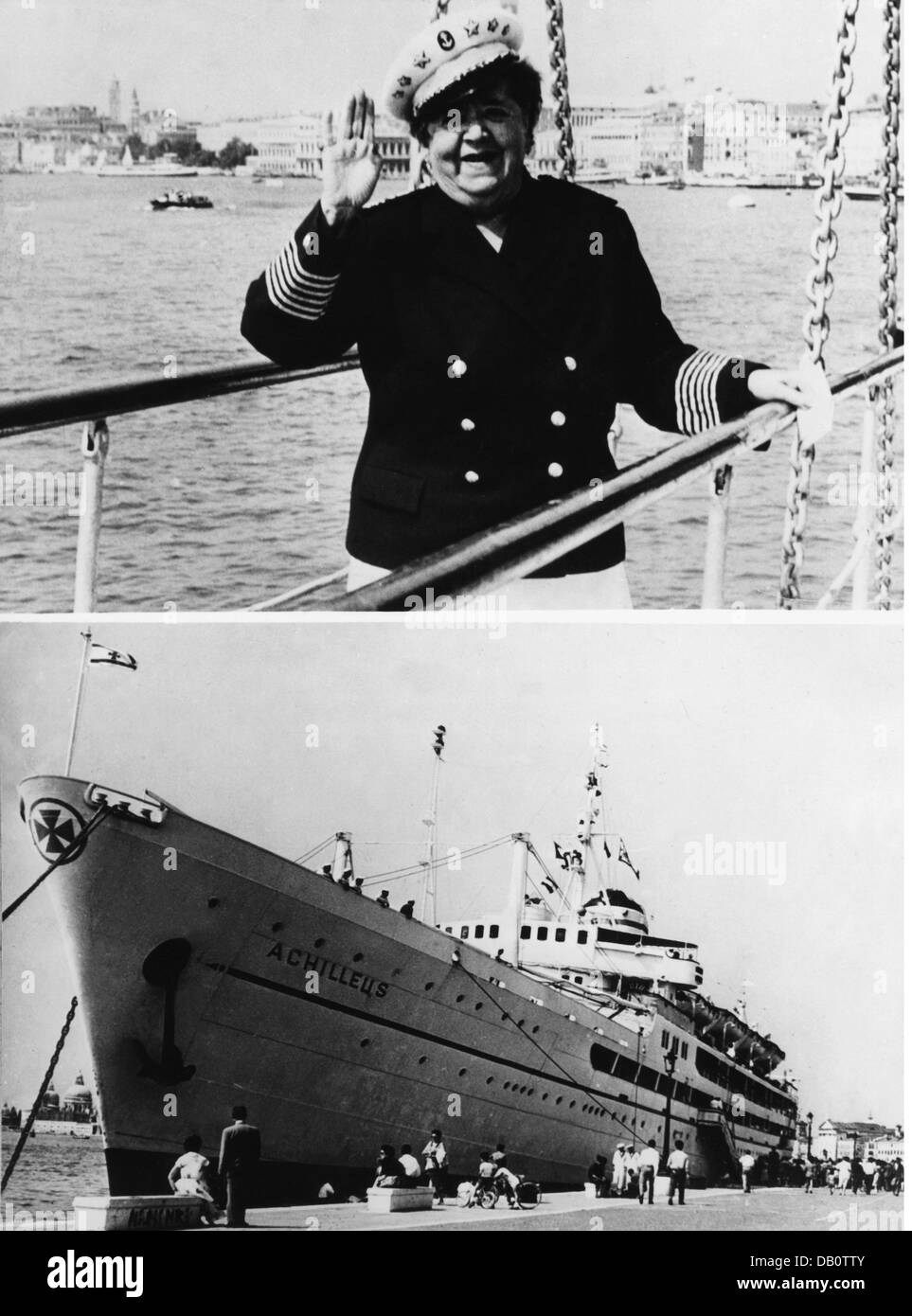 Maxwell, Elsa, 24.4.1883 - 1.11.1963, amerikanische Publizistin, halbe Länge, in Kapitänsuniform, Passagierschiff "Achilleus", Venedig, 30.8.1955, Stockfoto