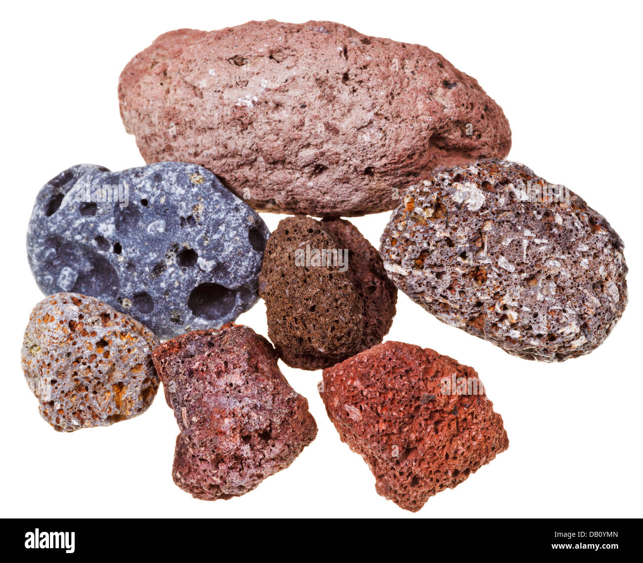 Proben von Bims-Steinen isoliert auf weißem Hintergrund Stockfoto