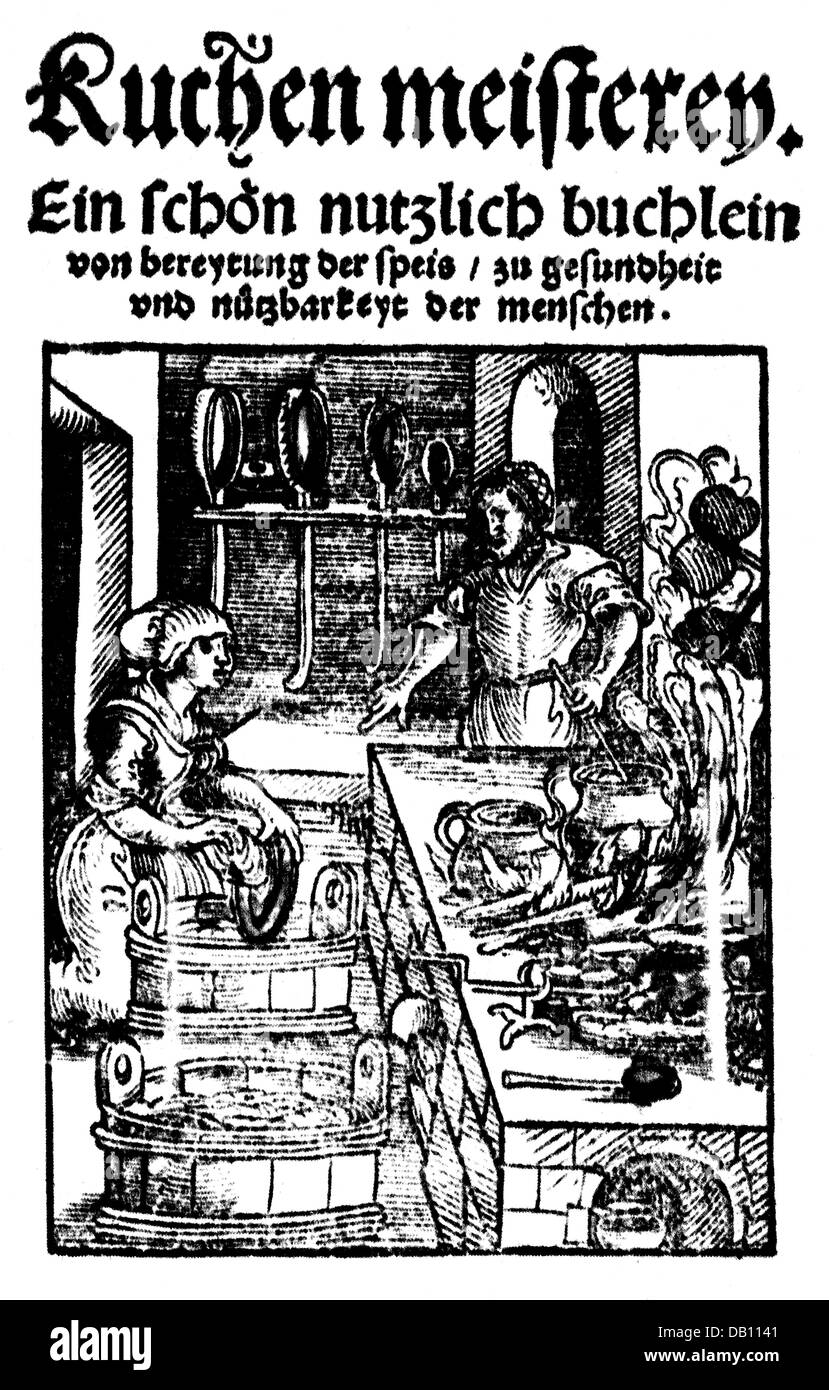 Gastronomie, Köchin, Köchin und Köchin, Holzschnitt, aus: 'Kuchen meisterey', Einband, 16. Jahrhundert, Zusatzrechte-Clearenzen-nicht vorhanden Stockfoto