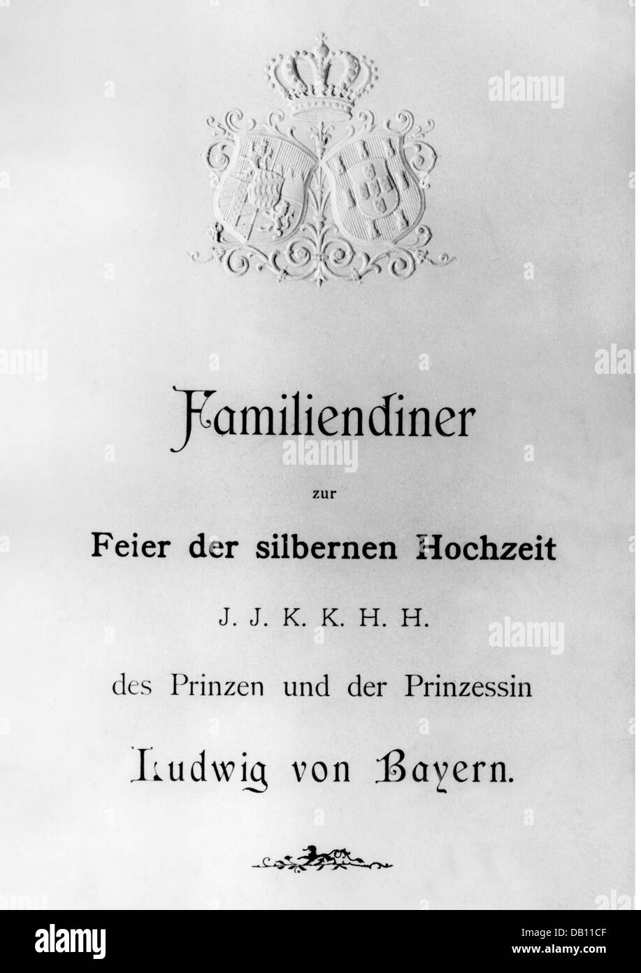 Gastronomie, Menü, Familienessen zur Silberhochzeit des Fürsten Ludwig von Bayern, Deckblatt, München, 27.2.1893, Zusatz-Rechte-Clearenzen-nicht vorhanden Stockfoto