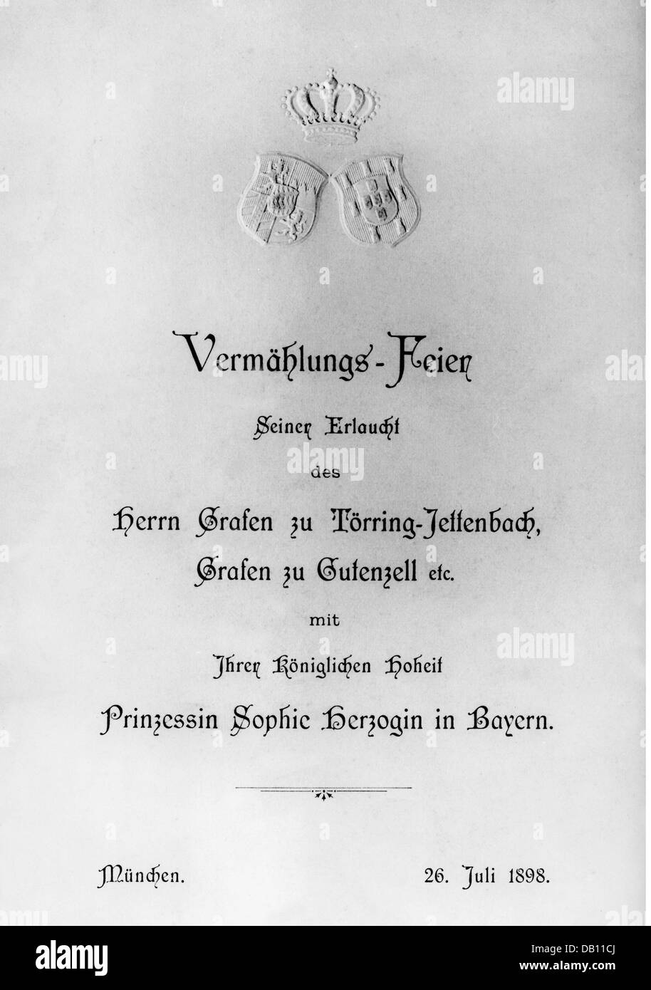 Gastronomie, Menü, Heirat des Grafen von Toerring-Jettenbach mit herzogin Sophie in Bayern, Deckblatt, München, 26.7.1898, Zusatz-Rechteklärung-nicht vorhanden Stockfoto Gastronomie, Menü, Heirat des Grafen von Toerring-Jettenbach mit herzogin Sophie in Bayern, Deckblatt, München, 26.7.1898, Zusatz-Rechteklärung-nicht vorhanden Stockfoto