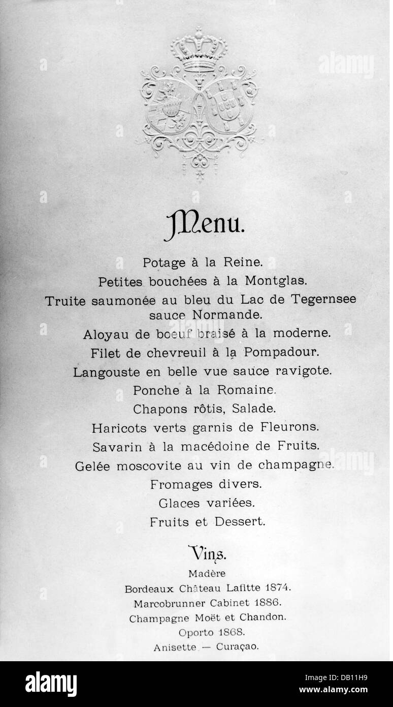 Gastronomie, Menü, Bestellung von Gängen eines formellen Abendessens am Bayerischen Hof, um 1890 - 1895, Zusatz-Rechte-Clearenzen-nicht vorhanden Stockfoto
