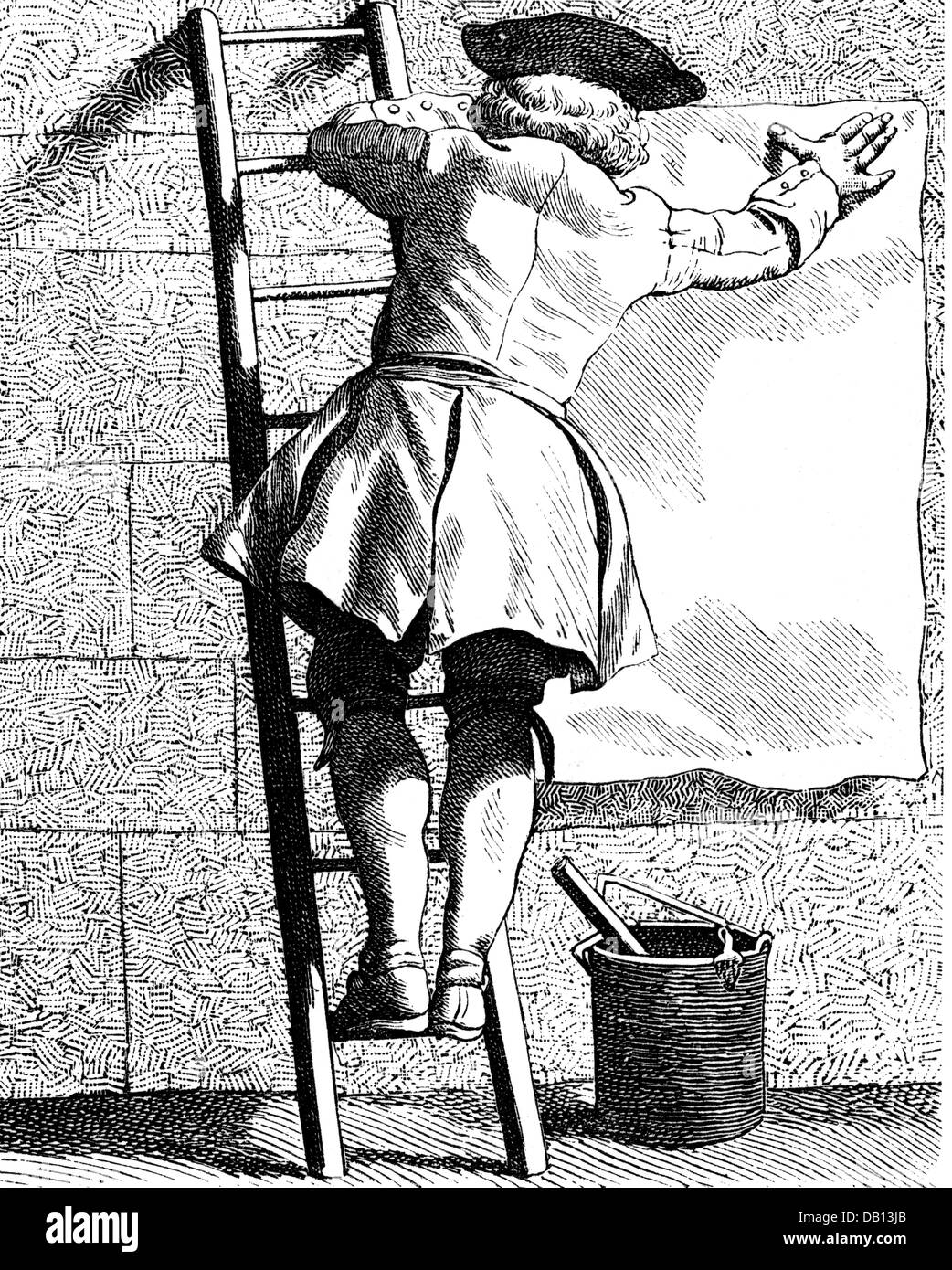 Menschen, Beruf, Afficheur, volle Länge, Kupferstich, von Edme Bouchardon (1698 - 1762), aus der Serie "Les Cris de Paris", 1737-1742, von: Paul Lacroix, 'Aspect de Paris au XVIII Siècle", Paris, 1875, Artist's Urheberrecht nicht geklärt zu werden. Stockfoto