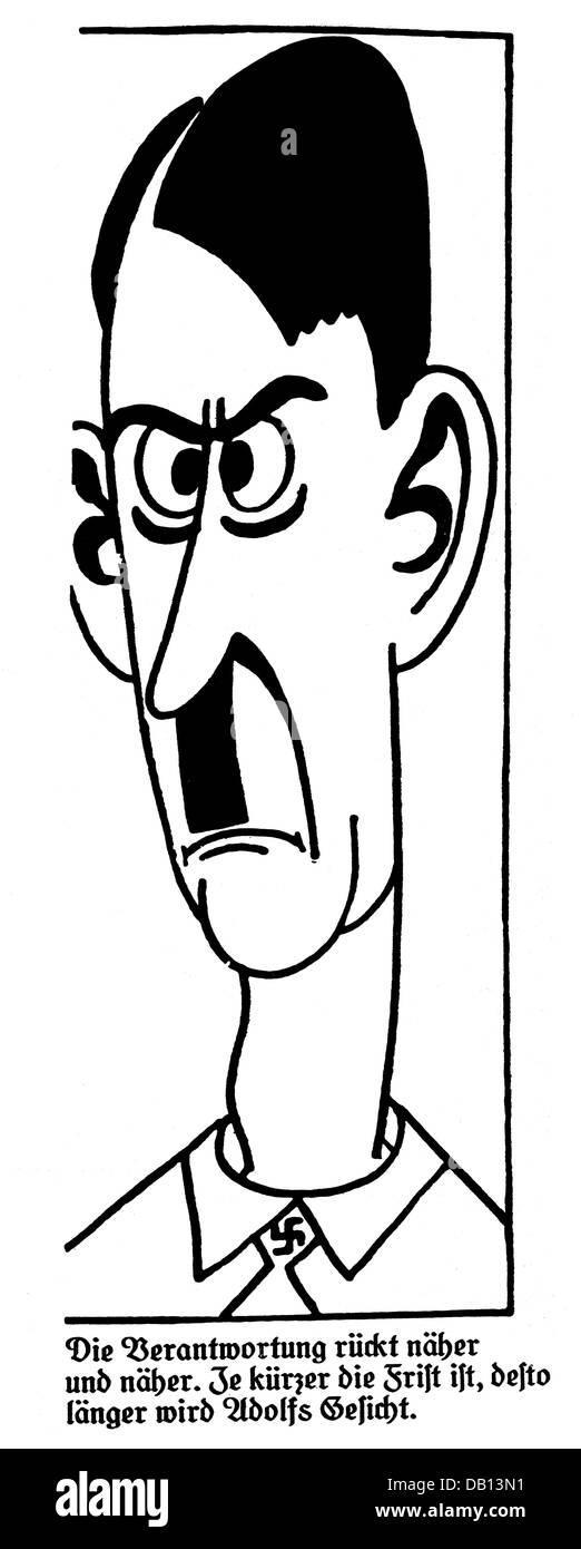 Hitler, Adolf, 20.4.1889 - 30.4.1945, deutscher Politiker (NSDAP), Karikatur, "Die Verantwortung rückt immer näher. Je kürzer die Verzögerung, desto länger das Gesicht Adolf', Zeichnung, 'Der Wahl-Jacob', Stuttgart, 1931, Stockfoto