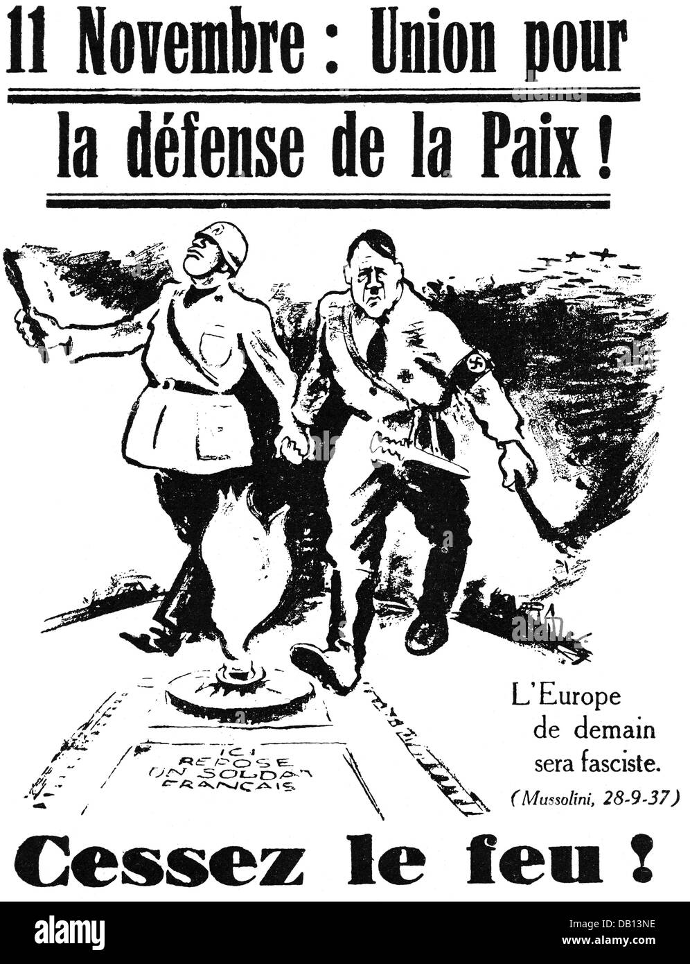 Politik, Friedensbewegung, Karikatur zum Waffenstillstandstag, 11.11.1937, Benito Mussolini und Adolf Hitler als Brandstifter, Zeichnung, Frankreich, 1937, Brandstifter, Feuer, Fackel, Flambeau, Fackeln, Flambeaus, Fackeln, Flambeaus, Faschismus, Nationalsozialismus, Frieden, Gefahr, Gefahren, Europa, 1930er, 30er, 30er, 20th century, historisch, Menschen, Zusatzrechte-Clearences-nicht vorhanden Stockfoto