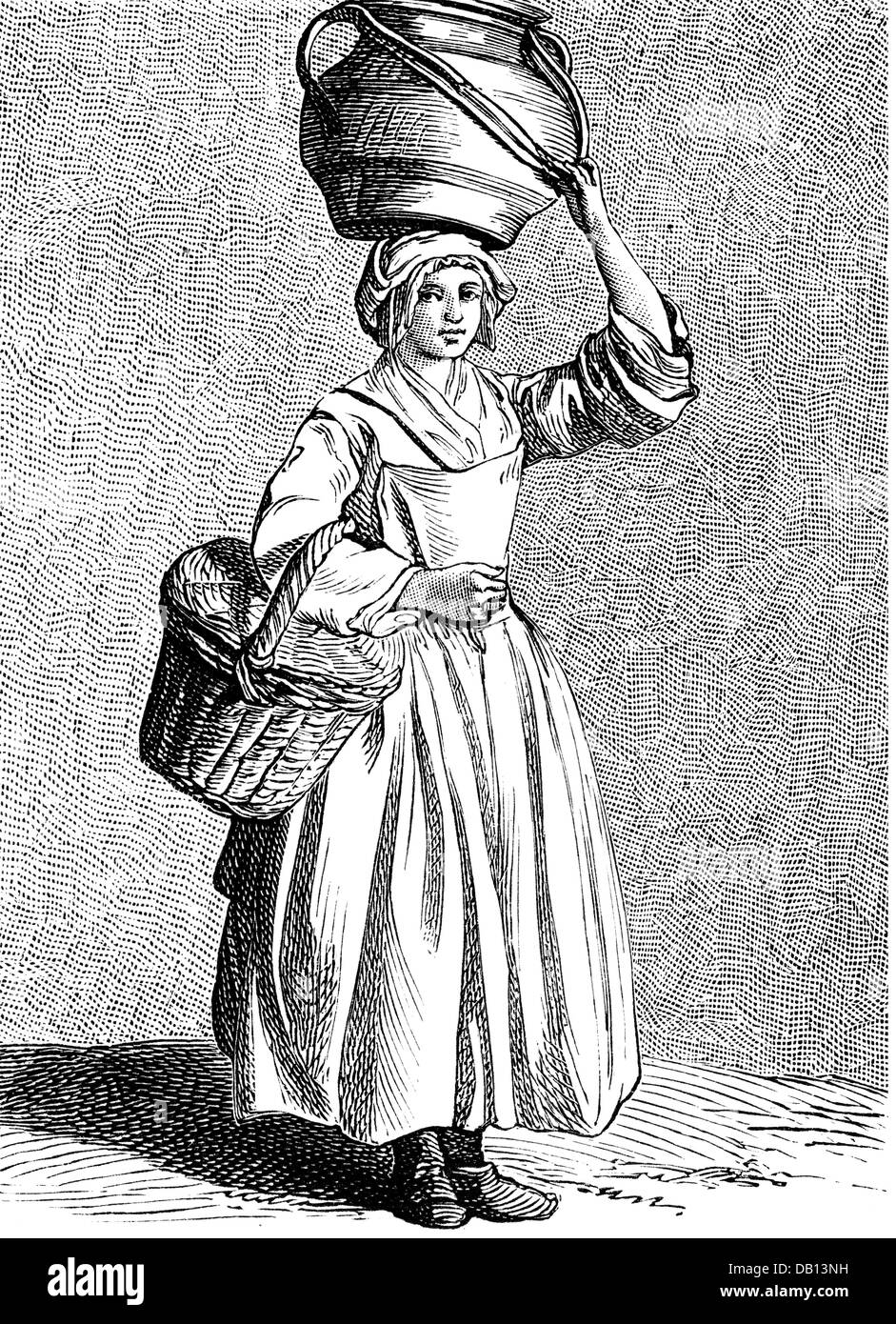 Menschen, Beruf, milchmagd, volle Länge, Kupferstich, von Edme Bouchardon (1698 - 1762), aus der Serie "Les Cris de Paris", 1737-1742, von: Paul Lacroix, 'Aspect de Paris au XVIII Siècle", Paris, 1875, Artist's Urheberrecht nicht geklärt zu werden. Stockfoto