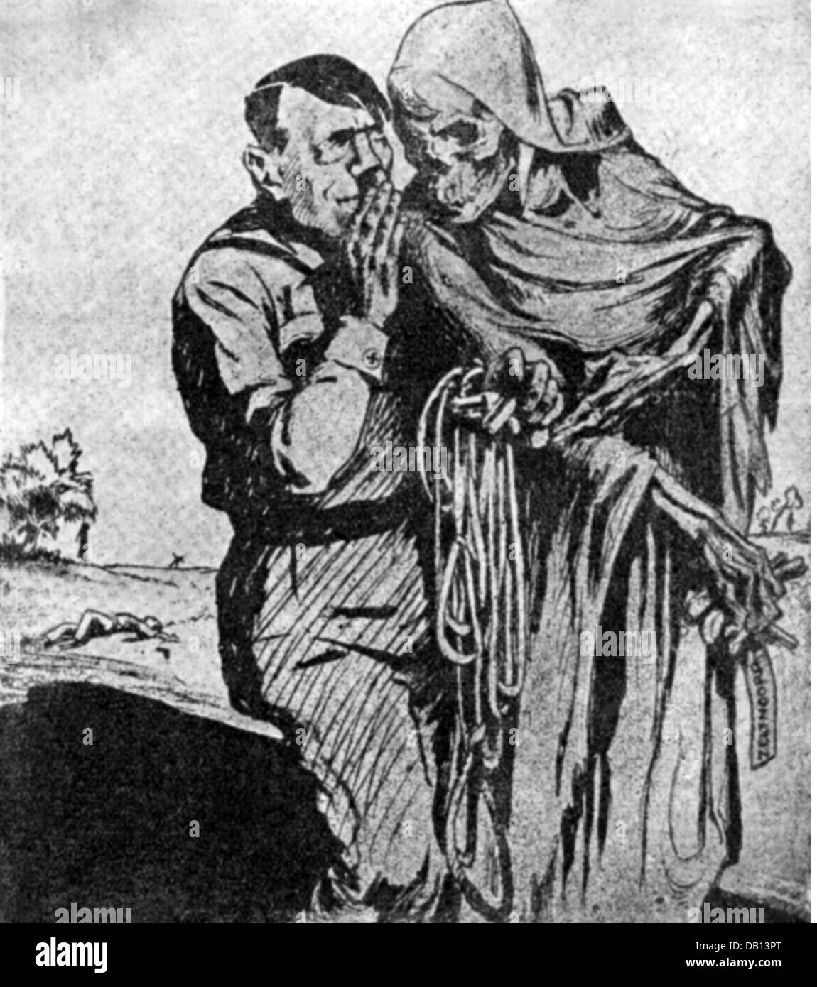 Hitler, Adolf, 20.4.1889 - 30.4.1945, deutscher Politiker (NSDAP), Reichskanzler 30.1.1933 - 30.4.1945, Karikatur, "Tod und Hitler, die Alliierten", Zeichnung, "Waak", Amsterdam, 5.6.1933, Stockfoto