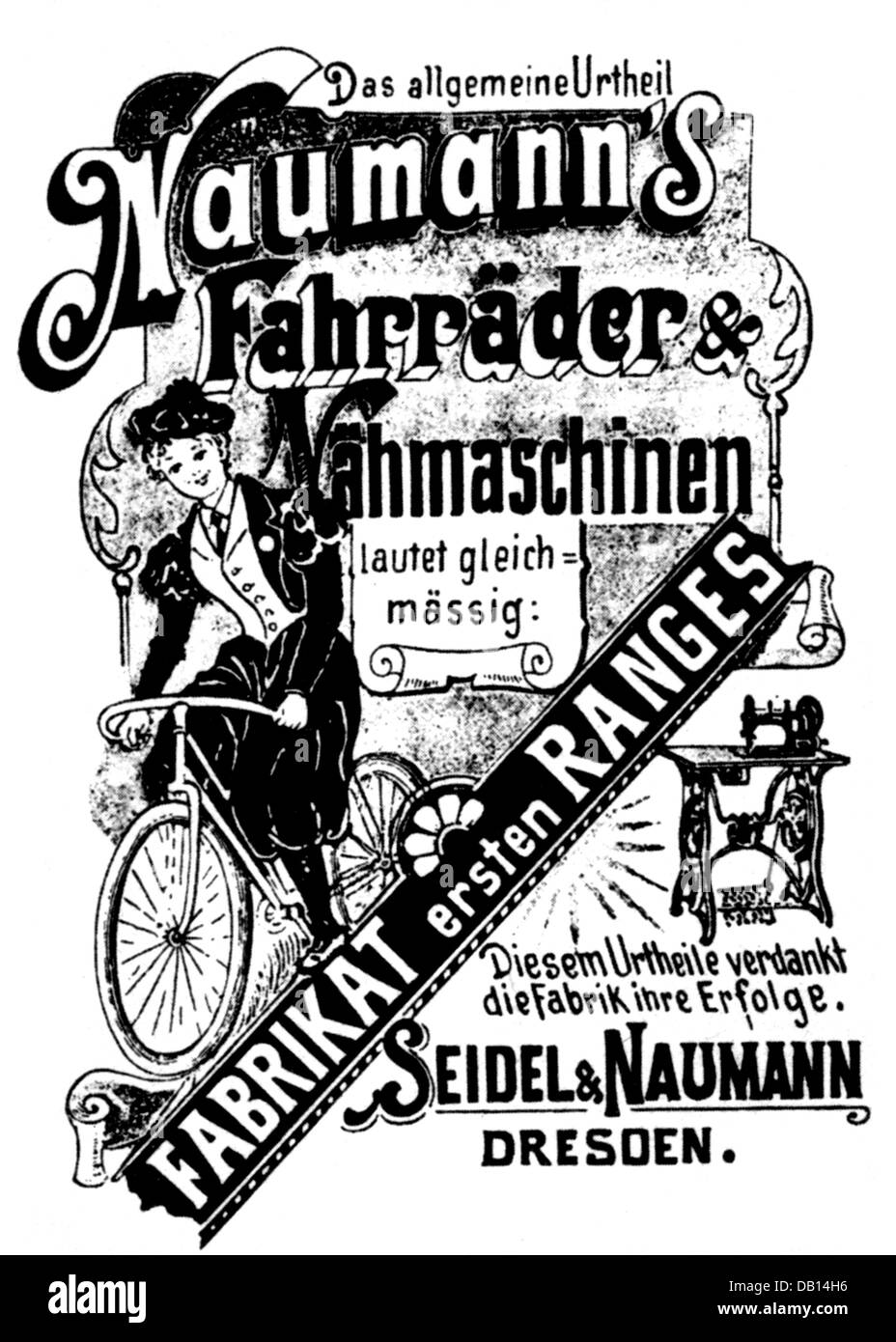 Werbung, Fahrrad, Werbung für Fahrräder und Nähmaschinen von Seidel & Naumann, Dresden, um 1900, Zusatz-Rechteklärung-nicht vorhanden Stockfoto