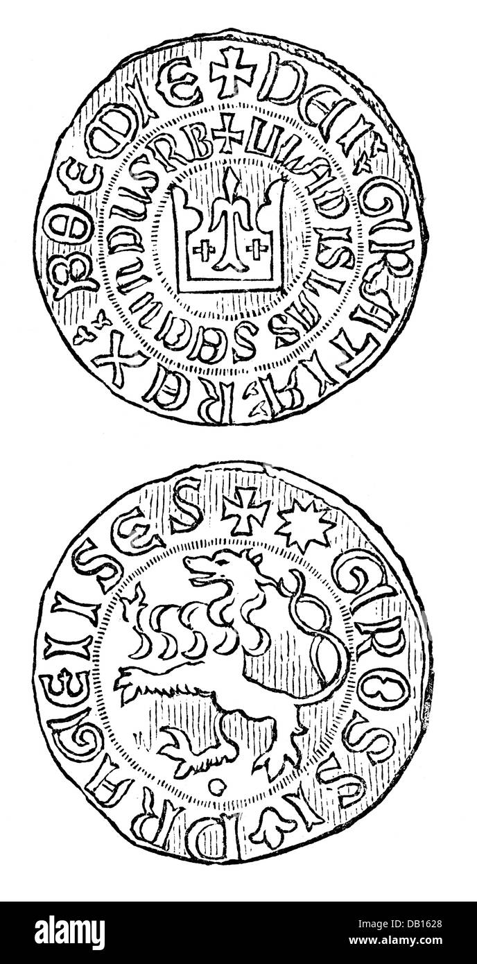 Geld / Finanzen, Münzen, Böhmen, Böhmische Groschen, von König Wenzel II., Anfang 14. Jahrhundert, Holzstich, 19. Jahrhundert, 14. Jahrhundert, Mittelalter, Mittelalter, Numismatik, Heiliges Römisches Reich, Groschen, grosz, Münzen, Münzen, Münzen, Inschrift, Epigraphien, Inschriften, Krone, Kronen, Löwe, Löwen, König, Könige, historisch, Zusatzrechte-Clearenzen-nicht vorhanden Stockfoto