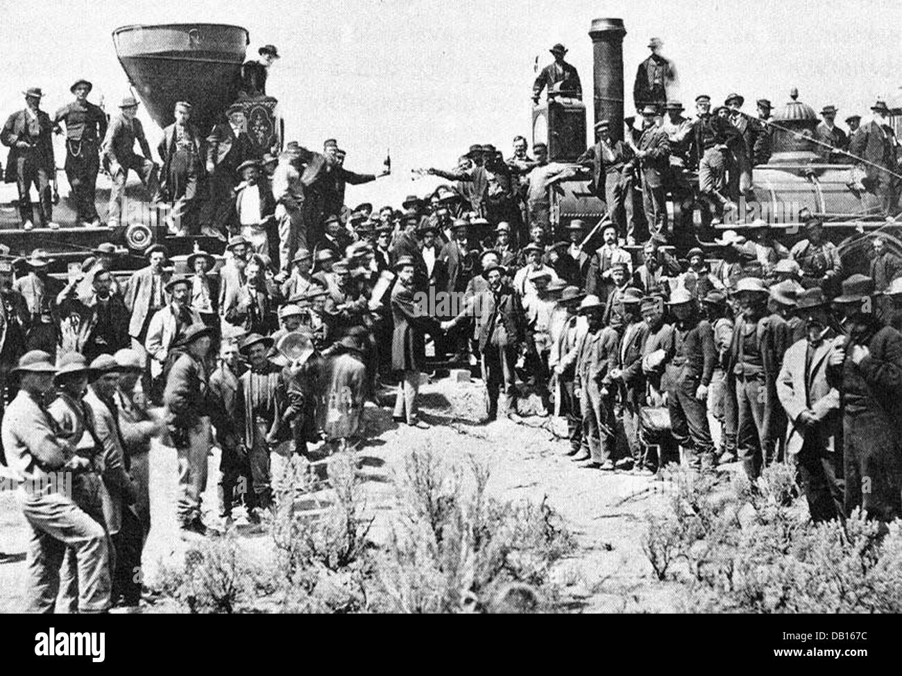 GOLDEN SPIKE bei der Central Pacific und der Union Pacific Railroad Linien Promontory Summit, Utah, 10. Mai 1869 Stockfoto