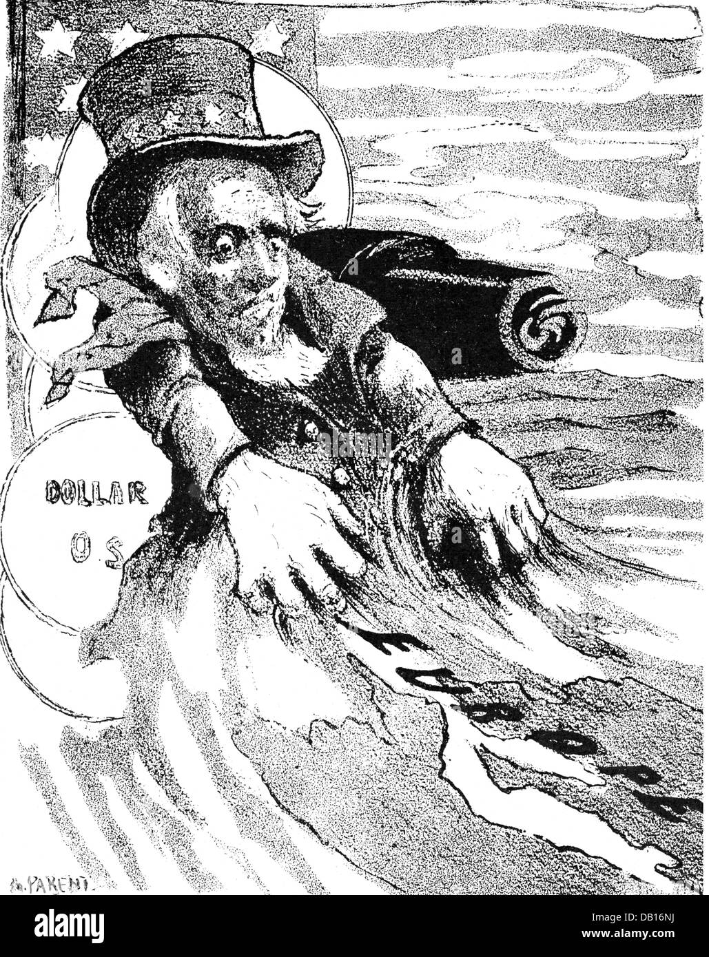 Spanisch-amerikanischer Krieg 1898, Karikatur, Onkel Sam und Europa, Zeichnung, 'Le Rire', Paris, 1898, zusätzliche-Rechte-Clearences-nicht vorhanden Stockfoto