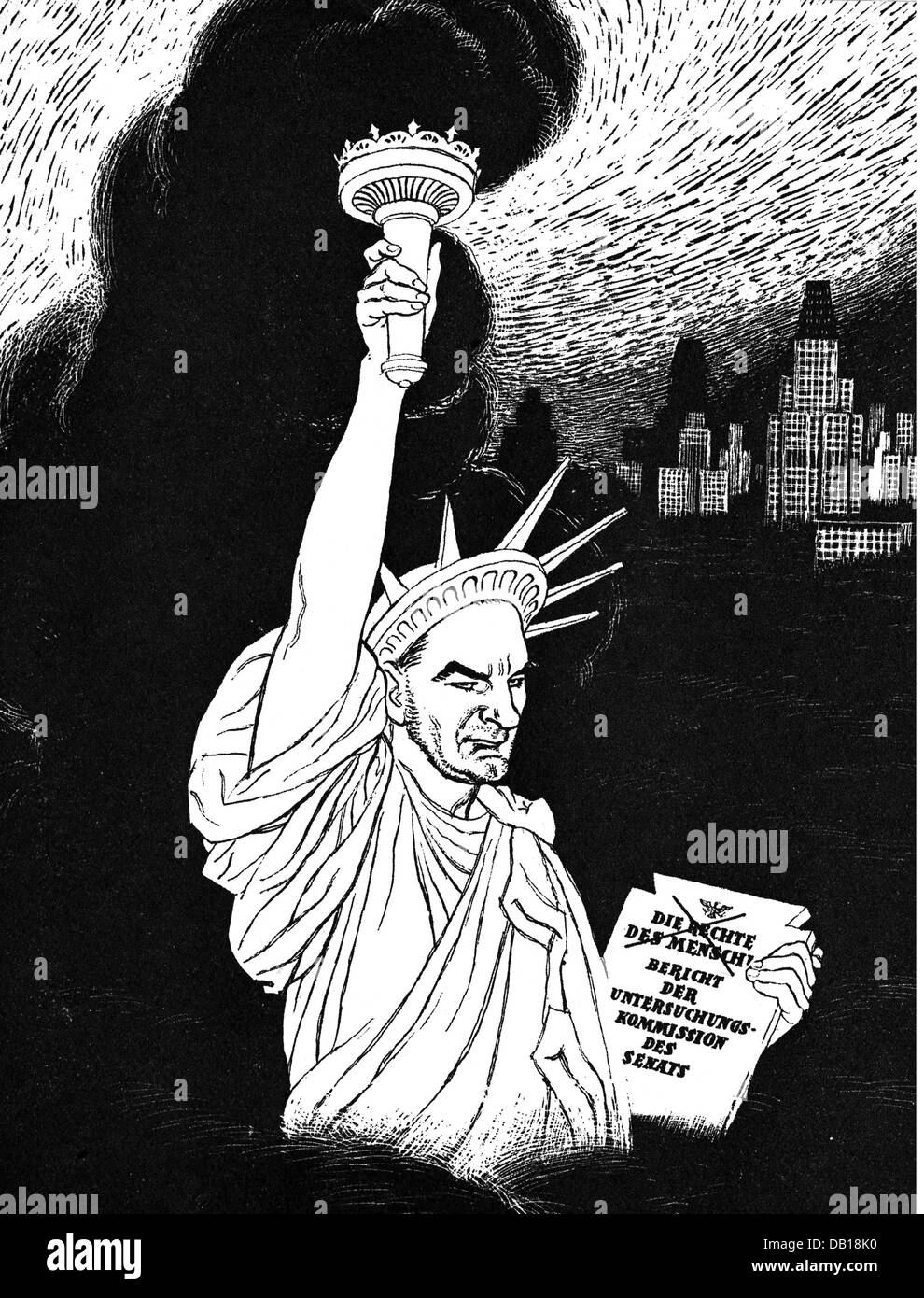 McCarthy, Joseph, 14.11.1908 - 2.5.1957, US-amerikanischer Politiker, 'McCarthy ersetzt die Freiheitsstatue', Karikatur, aus: 'Punch', London, 1950er Jahre, Stockfoto