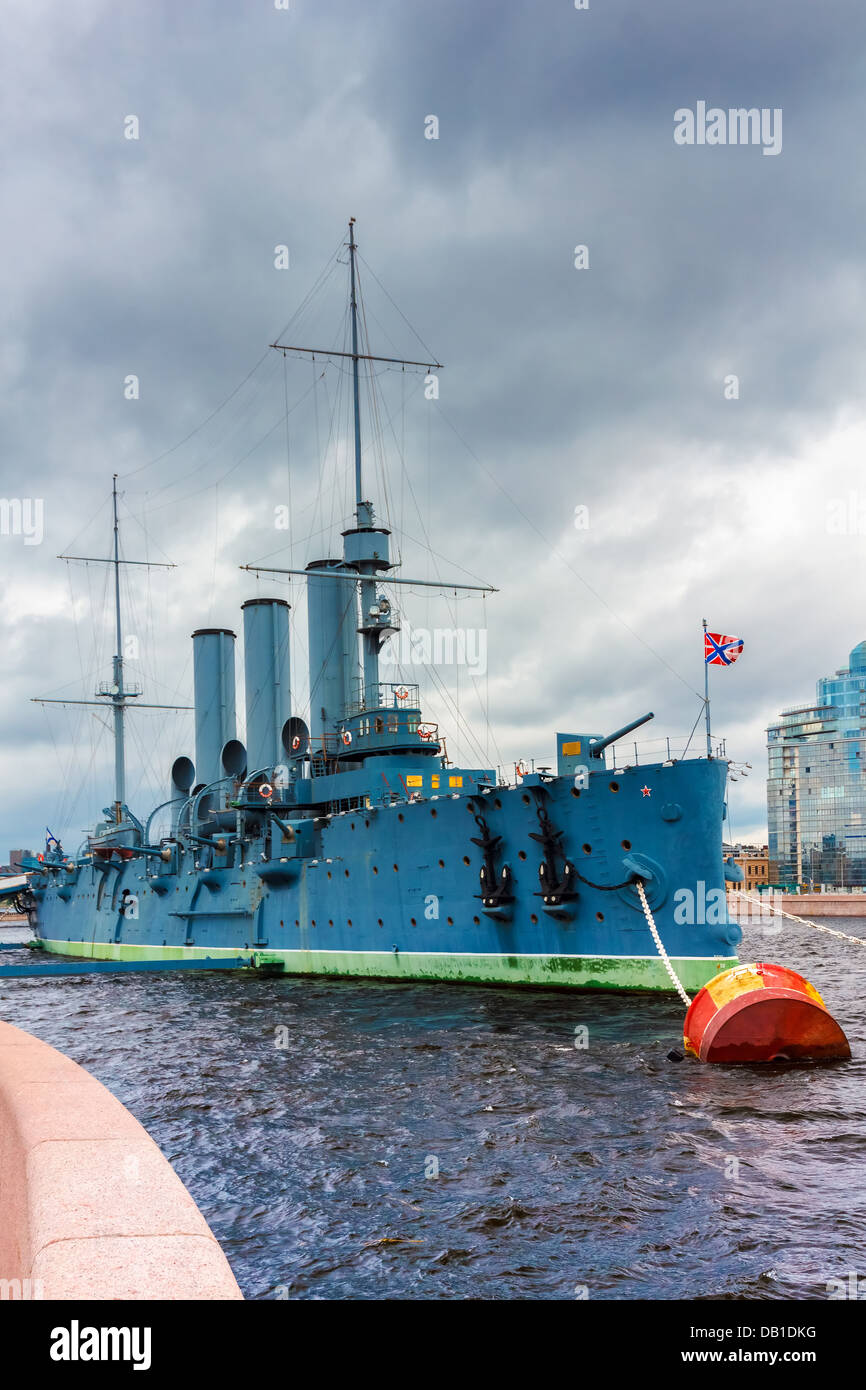 Russische geschützte Kreuzer Aurora, Ankern in St. Petersburg Stockfoto