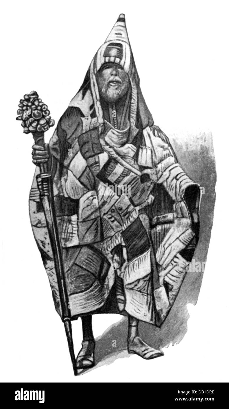 Religion, Islam, muslimischer Wanderprediger, volle Länge, Holzstich, Ende des 19. Jahrhunderts, Menschen, Mann, Männer, Mann, Taktstock mit Glocken, Kleidung, Mantel, Umhang, Kapuze, Kapuzen, Kapuzen, Moslem, Muslim, Moslems, Muslime, historisch, historisch, männlich, Zusatz-Rechte-Clearenzen-nicht verfügbar Stockfoto