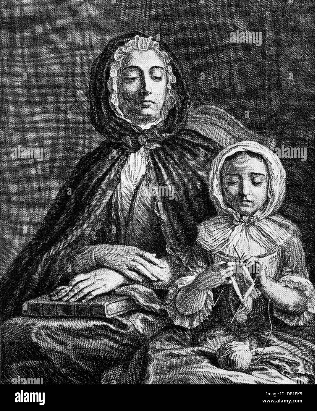 Menschen, Kinder, Bildung, die rigide Erziehung der prüde, Kupferstich von Deplaces nach Gemälde von Charles Antoine Coypel, Frankreich, 18. Jahrhundert, Mutter, Mutter, Tochter, Töchter, Mädchen, Mädchen, Frauen, Frau, Frauen, Handarbeit, needleworks, Stricken, Stricken, strenge, Kindererziehung, Kleidung, Motorhaube, Motorhauben, Wolle, Wolle, Wolle, Wolle, Kinder, Kind, Kinder, Kind, Steifigkeit, Starrheit, historische, geschichtliche, künstlerische Urheberrecht nicht gelöscht werden Stockfoto