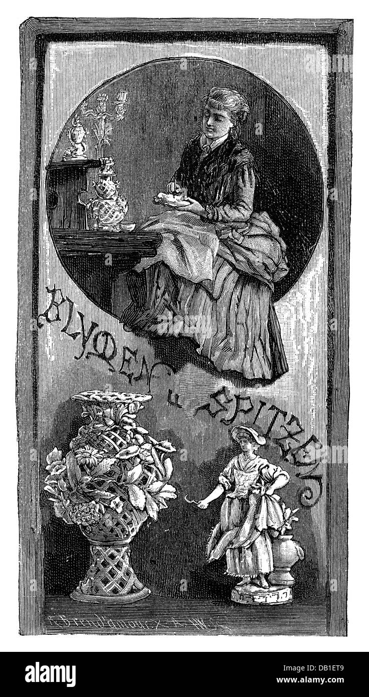Industrie, Porzellan, Spitzen und Blumen, Meissen Porzellanfabrik, Holzstich von Robert Brend'amour, 2. Hälfte 19. Jahrhundert, Ornament, Dekoration, Dekorationen, Fabrik, Fabriken, Pflanzen, Menschen, Frau, Frauen, Arbeiter, Arbeiter, Arbeit, Arbeit, Arbeit, Meissen, Deutschland, Königreich Sachsen, Brendamour, Industrie, Industrie, Porzellan, china, Porzellan, anwenden, anwenden, Blumen, Blume, Historisch, historisch, weiblich, Zusatz-Rechte-Clearences-nicht vorhanden Stockfoto