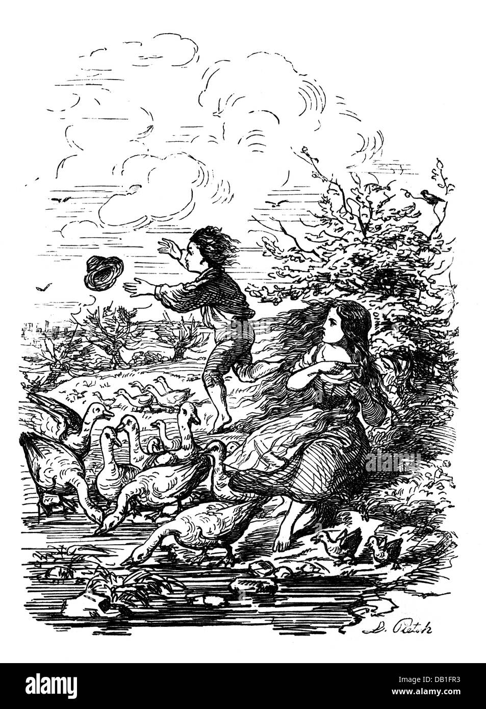 Literatur, Märchen, Gebrüder Grimm, das Gänsemädchen, nach Zeichnung von Ludwig Pietsch (1824 - 1911), Holzstich, 1858, aus: Kinder- und Hausmärchen, Additional-Rights-Clearences-not available Stockfoto