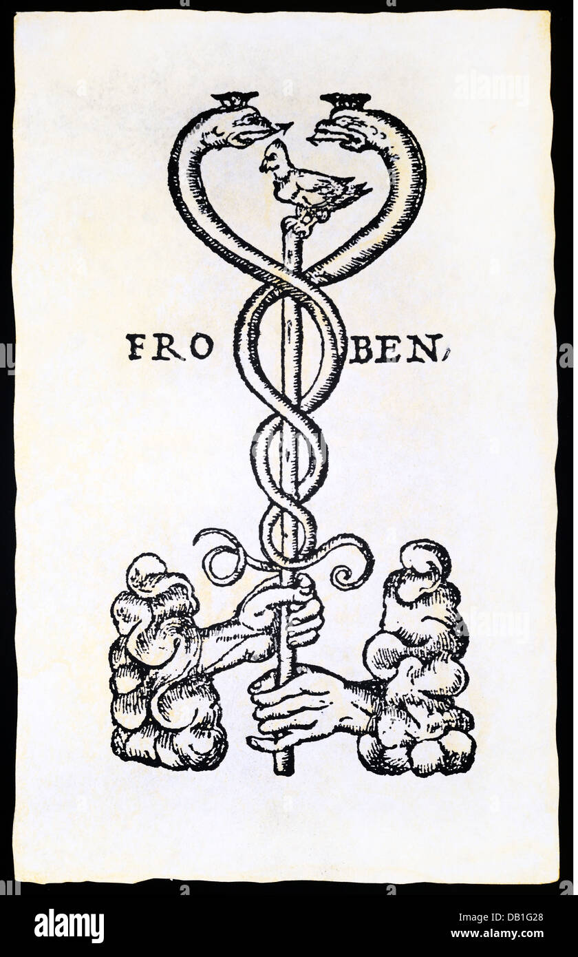Technik, Buchdruck, Verlagsmarke, Johann Froben (1460 - 1527), Holzschnitt, Basel, 1. 3. 16. Jh., Privatsammlung, 16. Jh., Grafik, Grafik, Druck, Drucksachen, Marken, Zeichen, Schilder, Verlagsmarke, Druckerei, Druckerei, Drucker, Druckereien, Druckereien, Druckereien, Druckereien, Druckereien, Symbol, Symbole, Caduceus, Zauberstab, Zauberstab, Schlange, Schlangen, Hand, Hände, Halten, Holden, Holzschnitt, Holzschnitte, Basel, Basel, historisch, historisch, Menschen, Zusatzrechte-Clearenzen-nicht vorhanden Stockfoto Technik, Buchdruck, Verlagsmarke, Johann Froben (1460 - 1527), Holzschnitt, Basel, 1. 3. 16. Jh., Privatsammlung, 16. Jh., Grafik, Grafik, Druck, Drucksachen, Marken, Zeichen, Schilder, Verlagsmarke, Druckerei, Druckerei, Drucker, Druckereien, Druckereien, Druckereien, Druckereien, Druckereien, Symbol, Symbole, Caduceus, Zauberstab, Zauberstab, Schlange, Schlangen, Hand, Hände, Halten, Holden, Holzschnitt, Holzschnitte, Basel, Basel, historisch, historisch, Menschen, Zusatzrechte-Clearenzen-nicht vorhanden Stockfoto