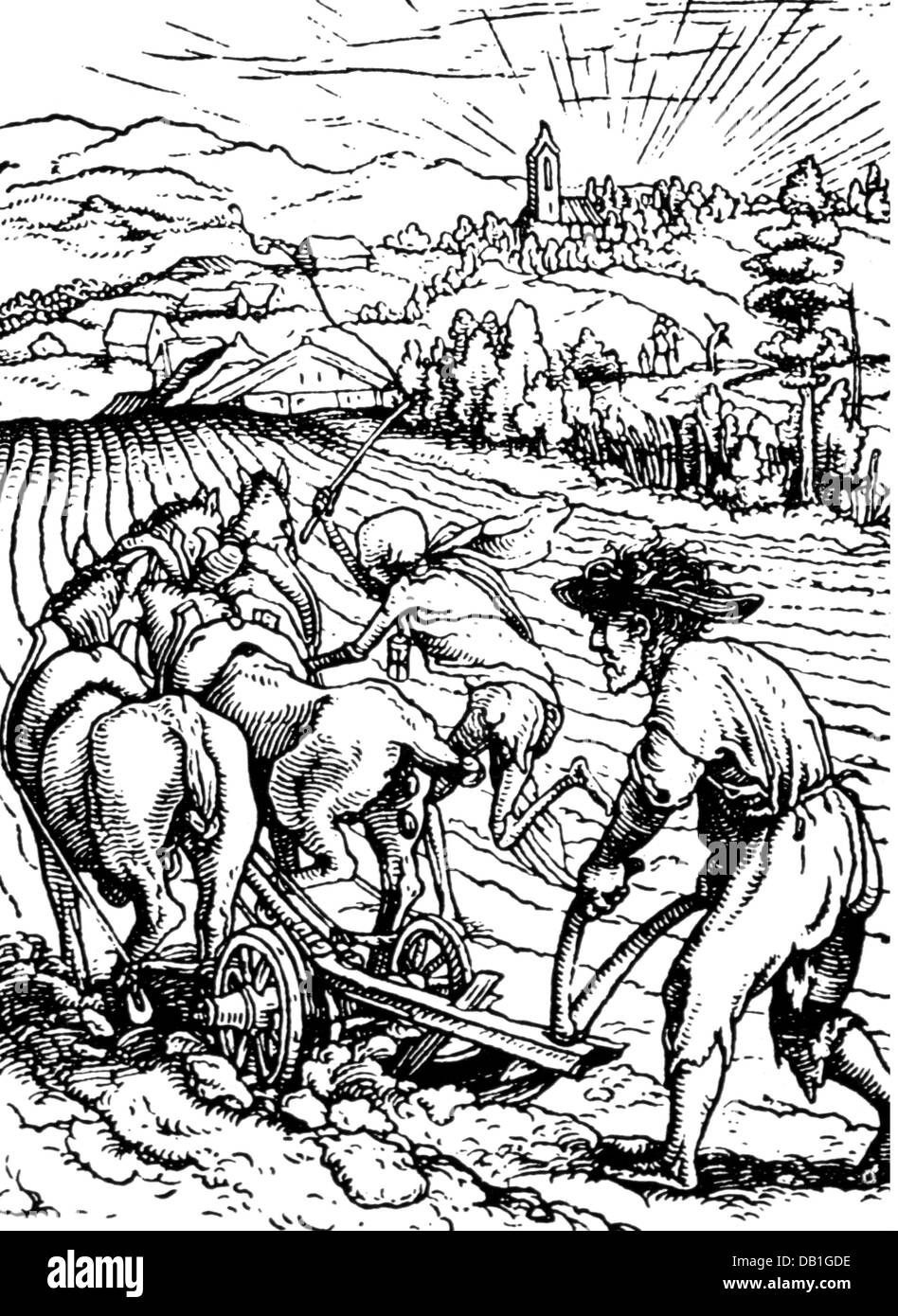 Landwirtschaft, landwirtschaftliche Arbeit, Pflügen, der Bauer und der Tod, Holzschnitt von Hans Holbein dem Jüngeren, 1538, Zusatzrechte-Freiräumungen-nicht vorhanden Stockfoto