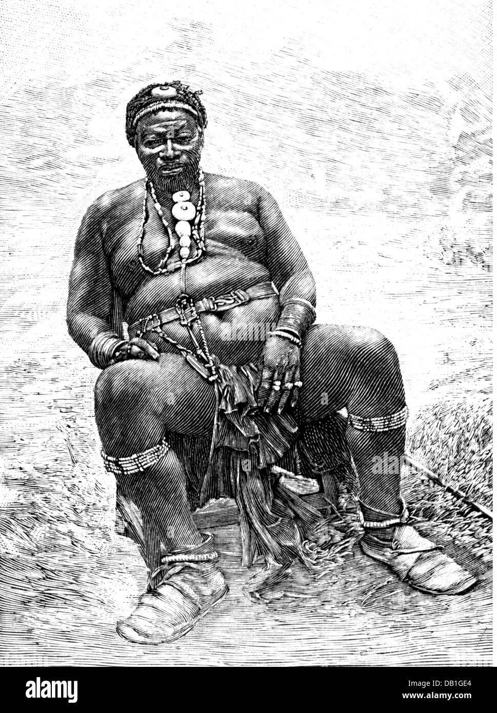 Banjo von Otjombonde, Hauptvorhang des Herero, volle Länge, Holzgravur, ca. 1905, Stockfoto