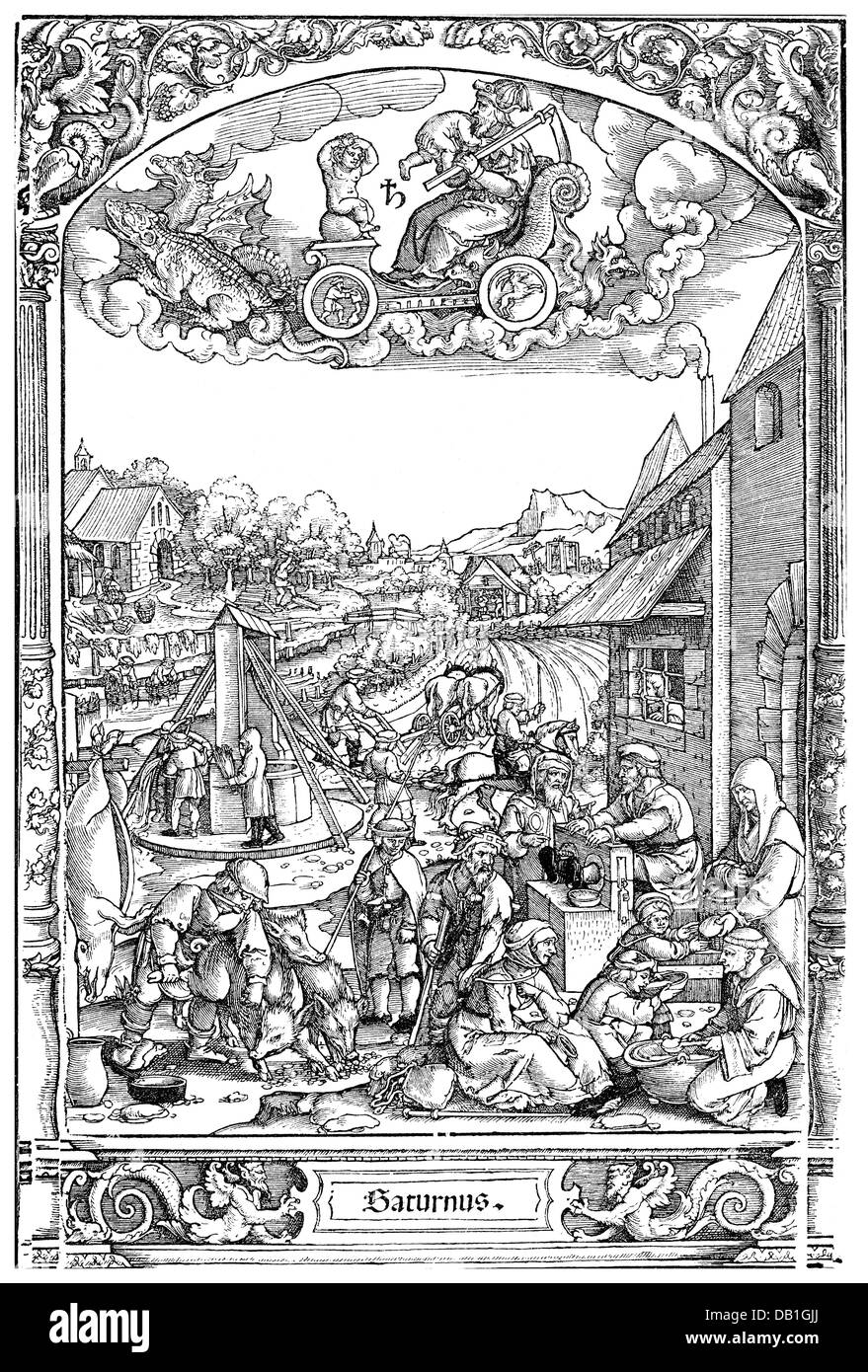 Landwirtschaft, Landleben, Allegorie, Serie der Wochentage, Samstag, Holzschnitt von Hans Sebald Beham, circa 1535, Artist's Urheberrecht nicht geklärt zu werden. Stockfoto