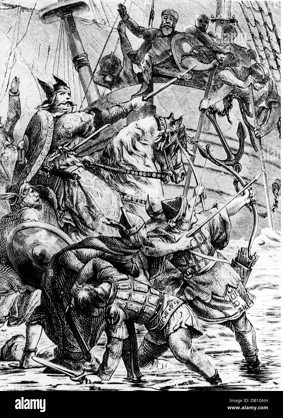 Literatur, nordisch / isländische Legenden, Kudrun, Reise der Boten des Königs Hetel von Deutschland zu Hof Hilde von Irland, Holzstich von C.Häberlin, 19. Jahrhundert, Grafik, Grafik, episches Gedicht, Epos, Epopee, heroisches Epos, heroische Epen, halbe Länge, Reiter, Reiter, Reiten, Pferd, Pferde, Schiff, Schiffe, Krieger, Krieger, Kämpfe, Kampf, Kampf, Legende, Saga, Legenden, Sagas, König, Könige, historisch, historisch, Menschen, zusätzliche-Rechte-Clearences-nicht verfügbar Stockfoto