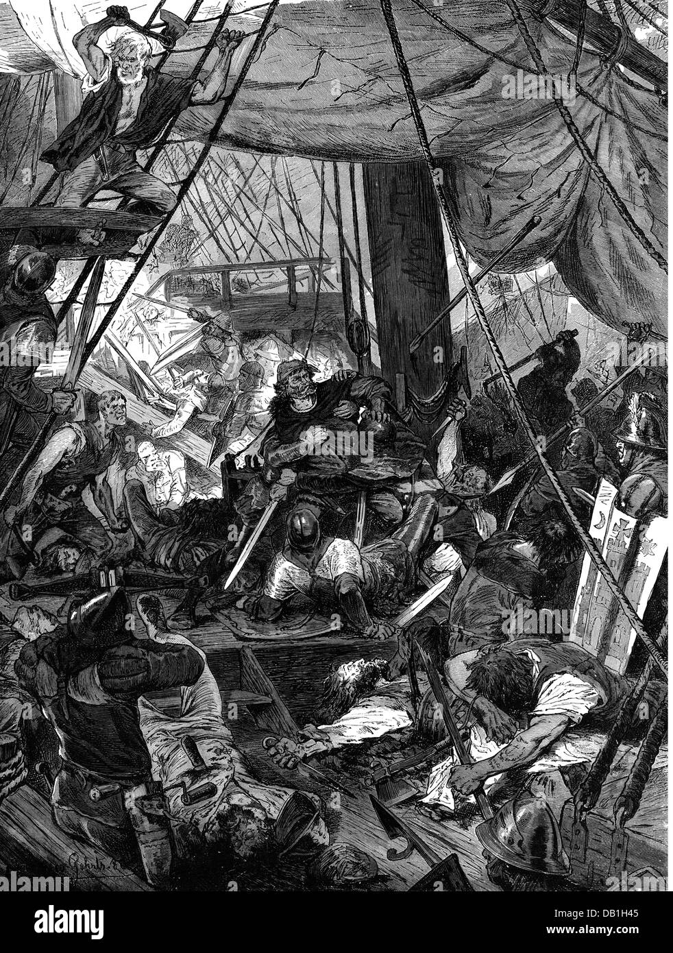 Stoertebeker, Klaus, ca. 1370 - 20.10.1401, deutscher Privatier, Erfassung durch die Hamburger Flotte bei Helgoland, 22.4.1401, Holzgravur nach Zeichnung von Johannes Gehrts, Ende 19. Stockfoto