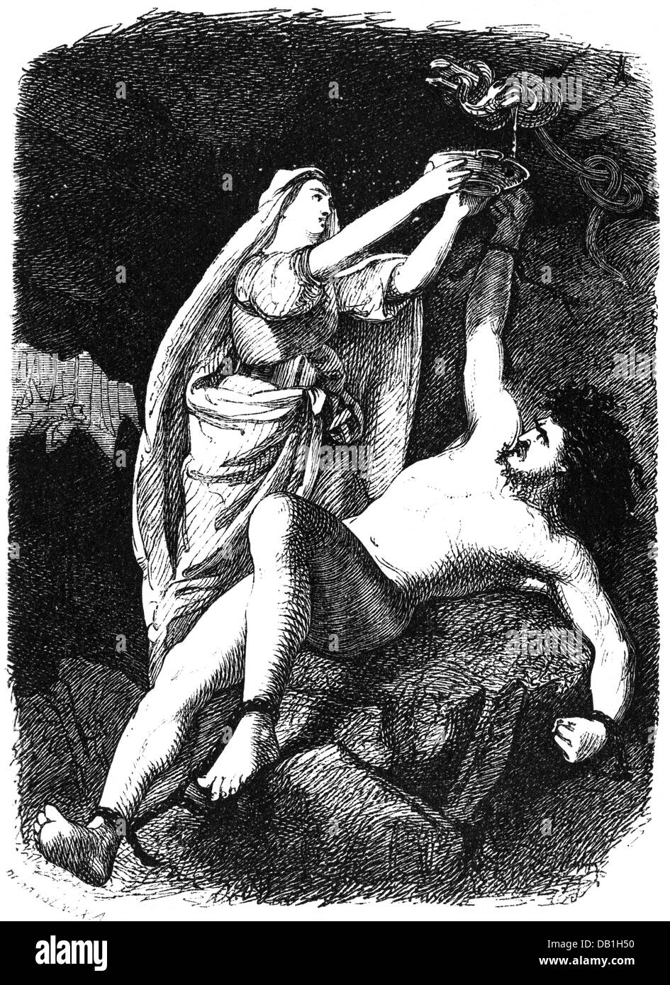 Loki, Norse God, Punishment, seine Frau Sigyn fängt den Spieß einer giftigen Schlange, Holzgravur, 19. Jahrhundert, Stockfoto