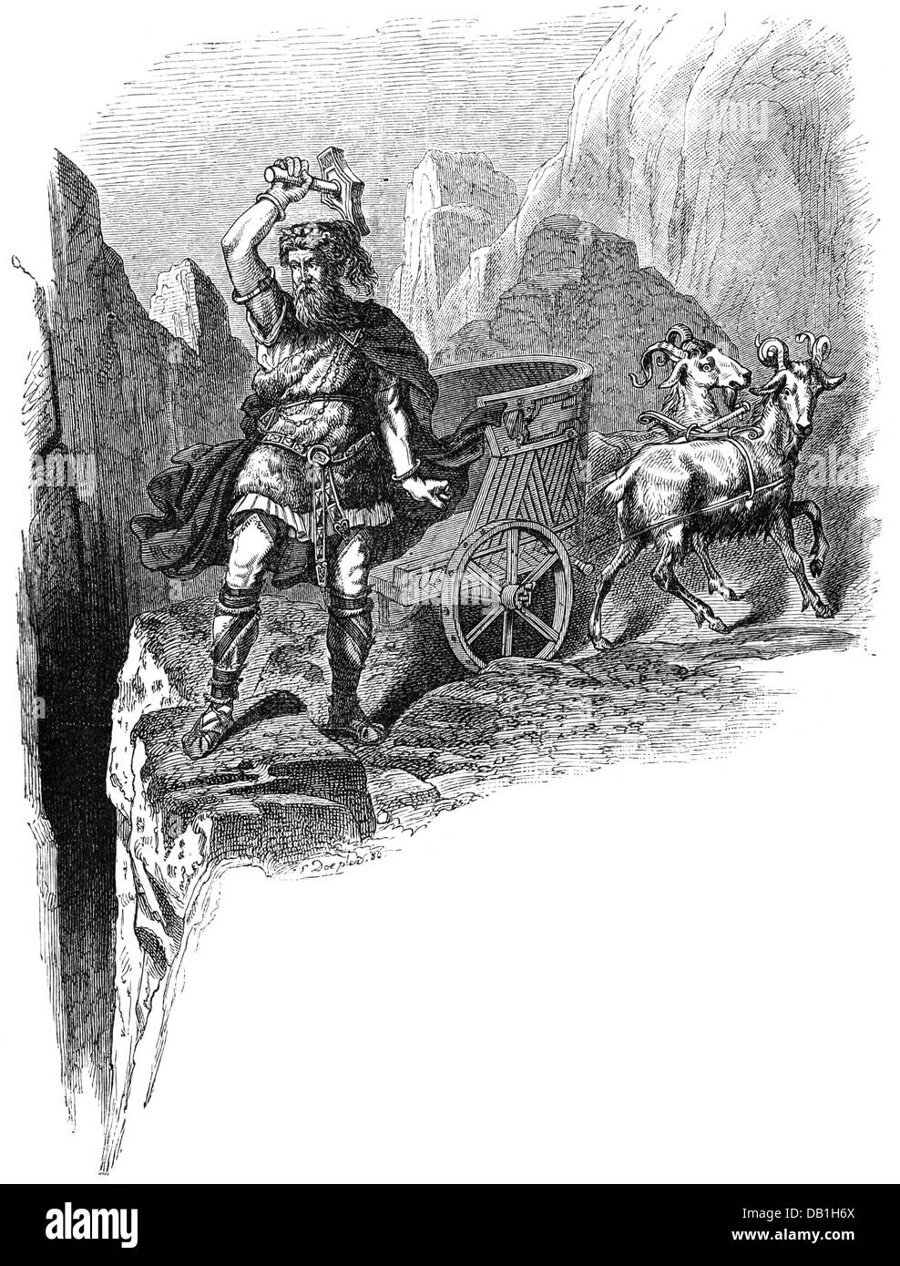 Thor (Donar), germanische Donnergott, Holzgravur nach Zeichnung von Carl Emil-Doepler, im Jahre 1887, Stockfoto
