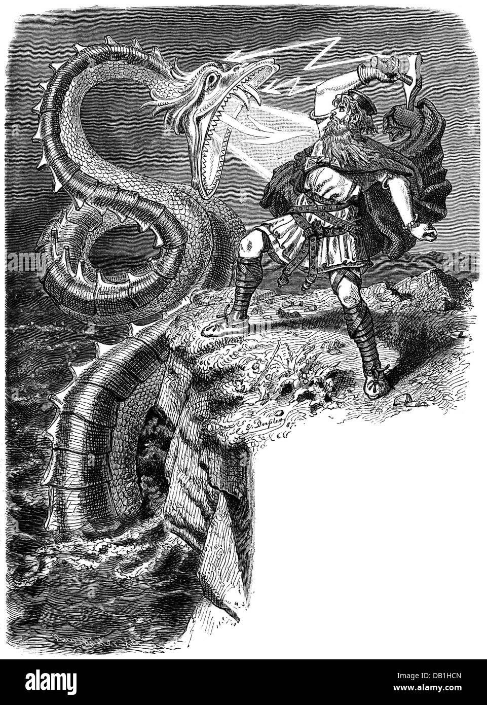 Thor (Donar), germanische Gott des Donners, Kampf gegen die Midgard Schlange, Holzstich nach