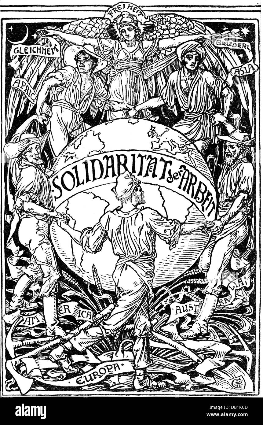 Politik, Arbeiterbewegung, Allegorie auf die internationale Solidarität des Proletariats, Holzschnitt von Walter Crane, um 1890, Zusatzrechte-Clearences-nicht vorhanden Stockfoto