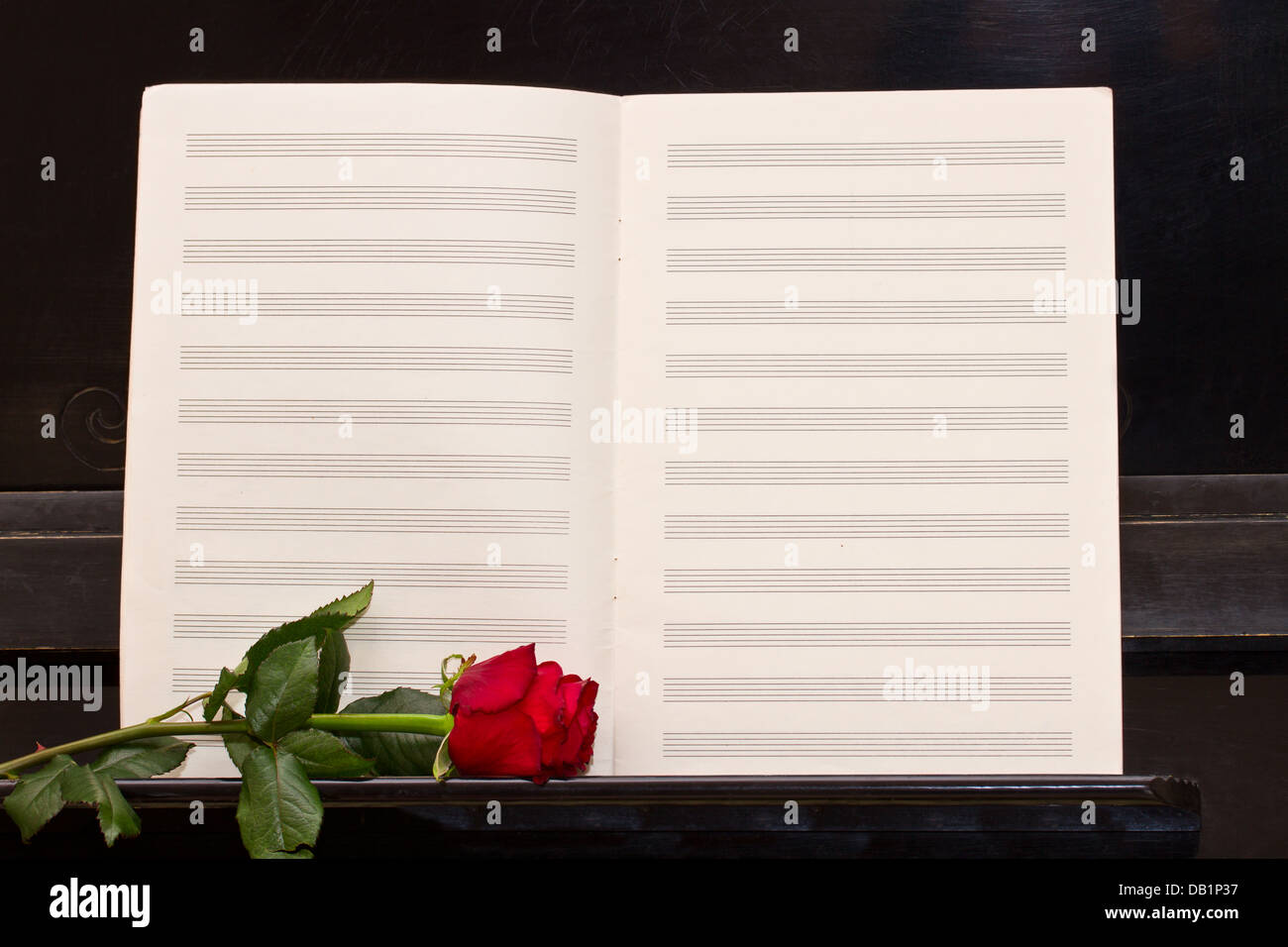 Noten-Papier mit roten Rose zu öffnen Stockfoto