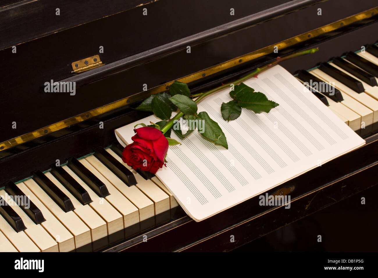 Rose mit Noten Papier am Klavier Stockfoto