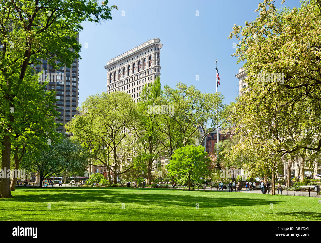 Das Flatiron Building und Madison Square Park, Manhattan, New York City im Frühjahr. Stockfoto