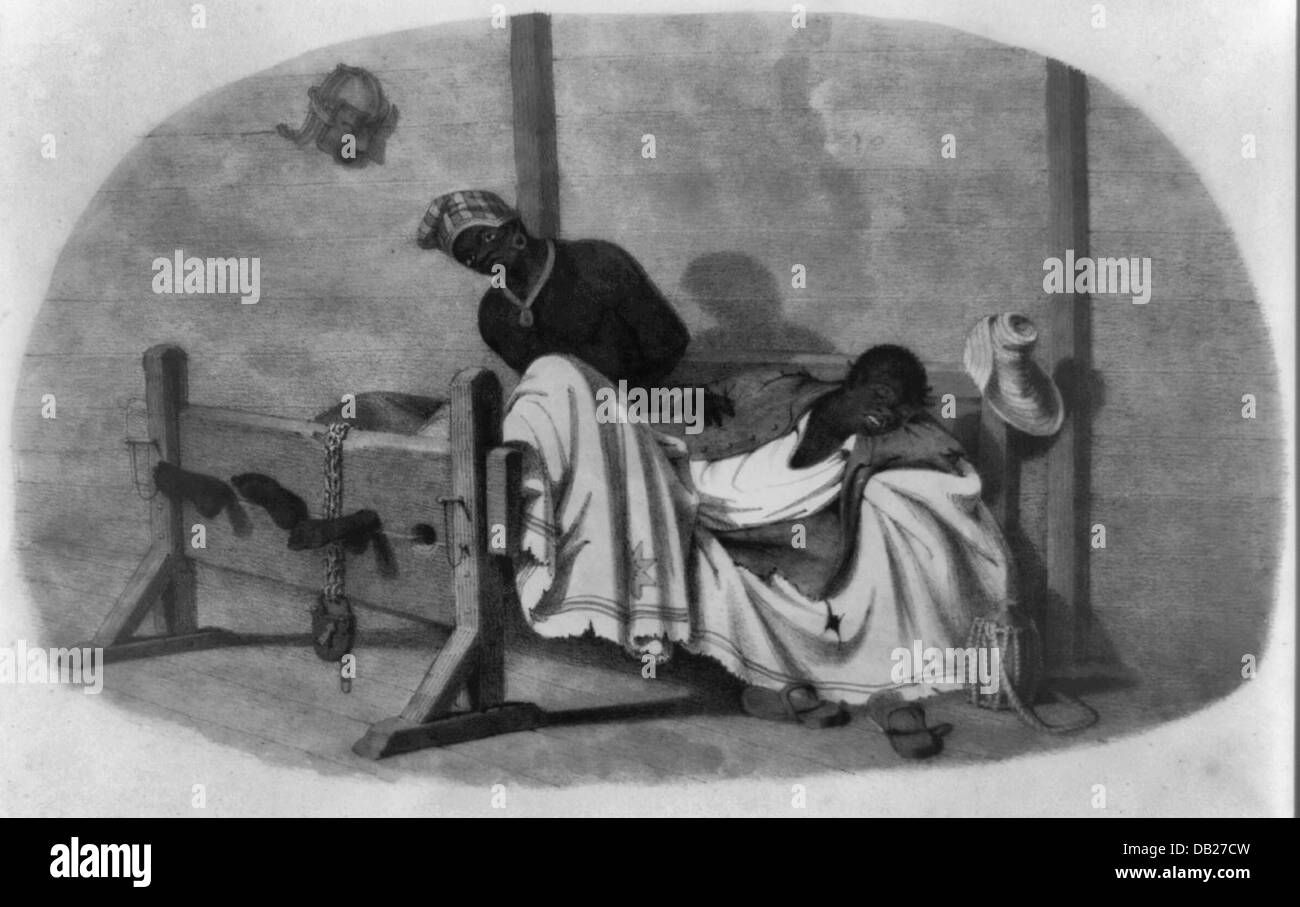 Bett-Bestände für Rausch - zwei afrikanischen Trinidad mit ihren Füßen in Aktien gesperrt; ein Mann hat seine Hände hinter ihm gebunden, der andere Mann schläft; eine Maske hängt an der Wand in der oberen linken, ca. 1836 Stockfoto