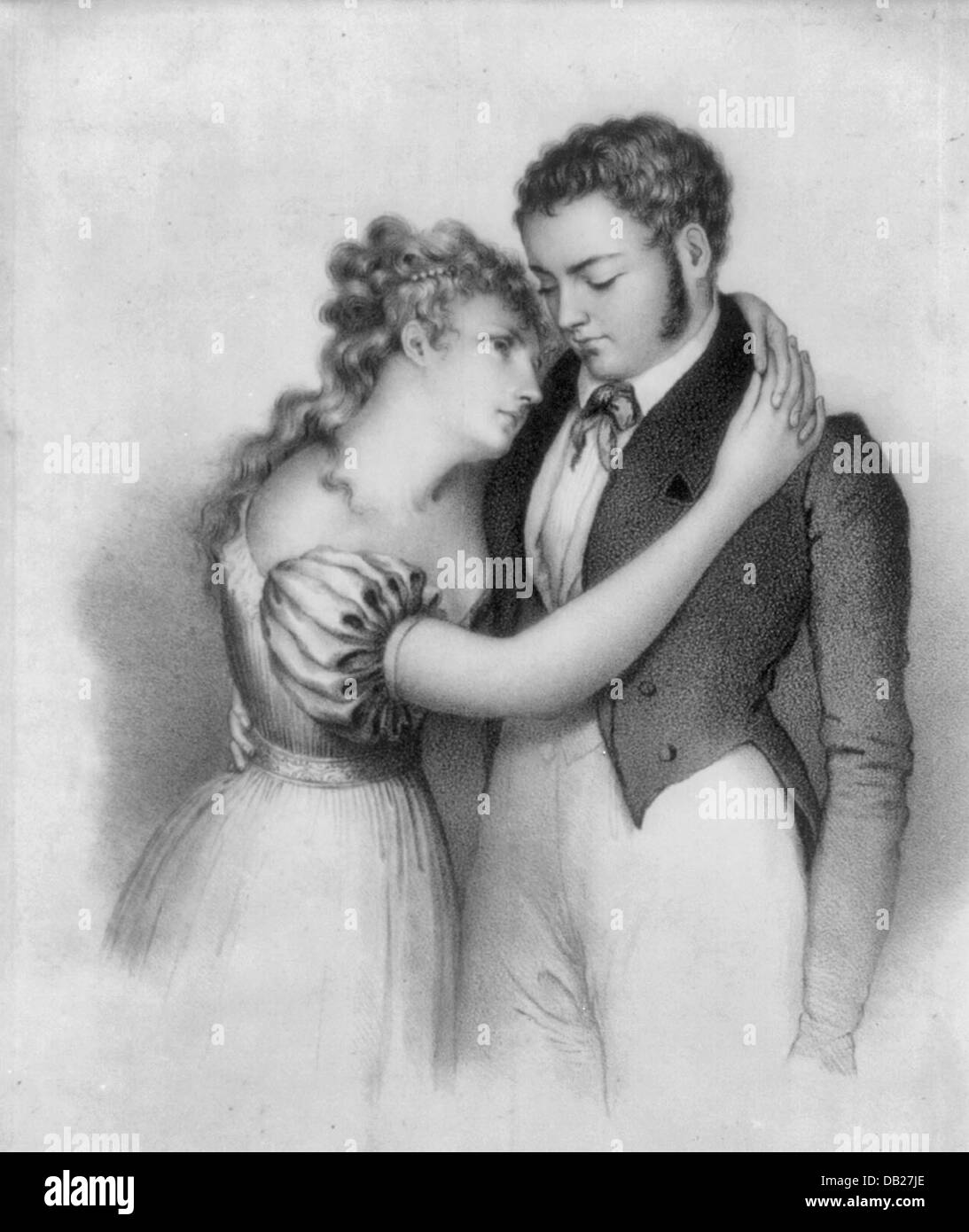 Der erste Abschied - bestaunen Sie eine junge Frau und junger Mann sehnsüchtig einander zum Zeitpunkt der Abreise ca. 1832 Stockfoto