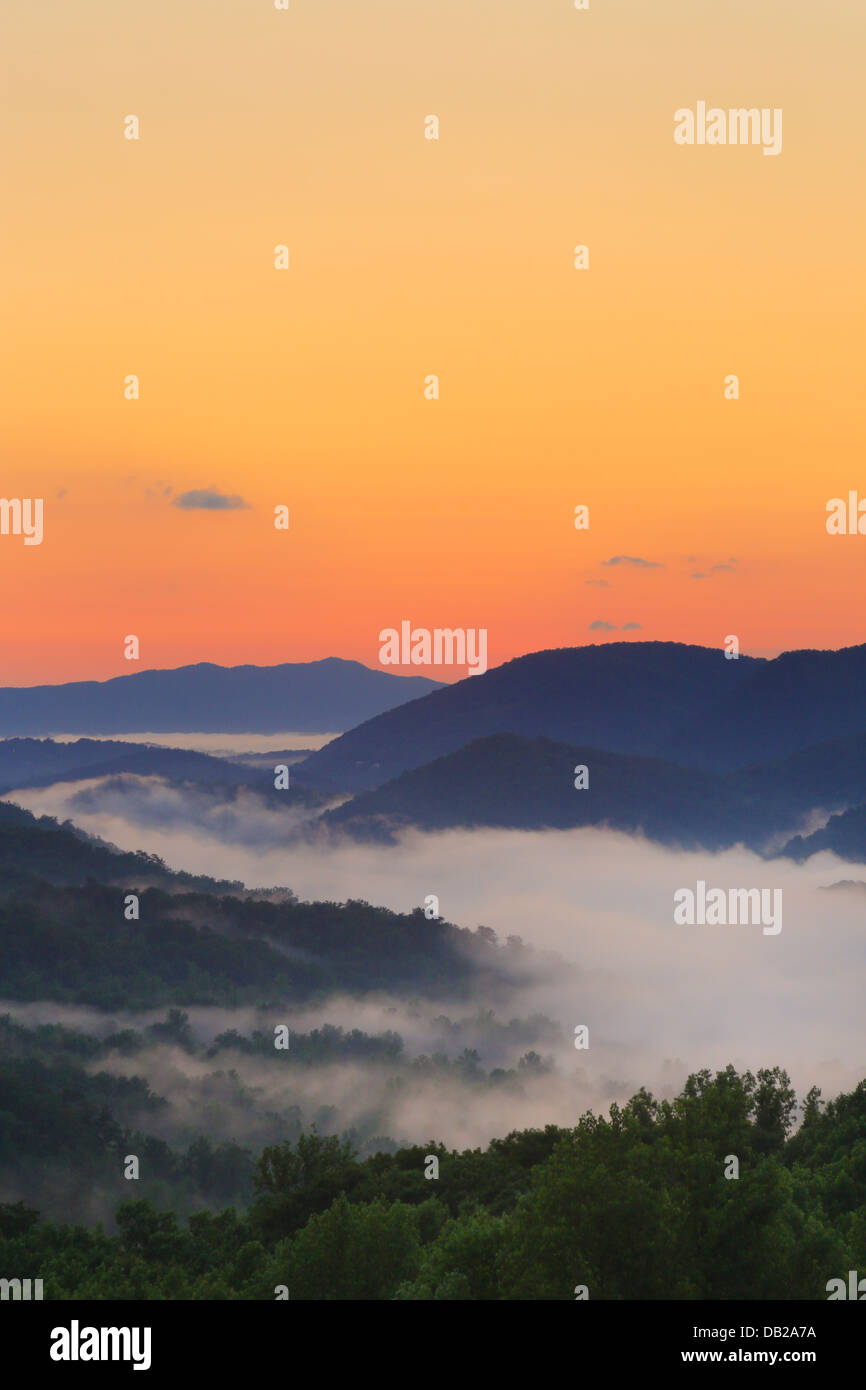 Sunrise, gesehen von der Little River Road, Great Smoky Mountains National Park, Tennessee, USA Stockfoto