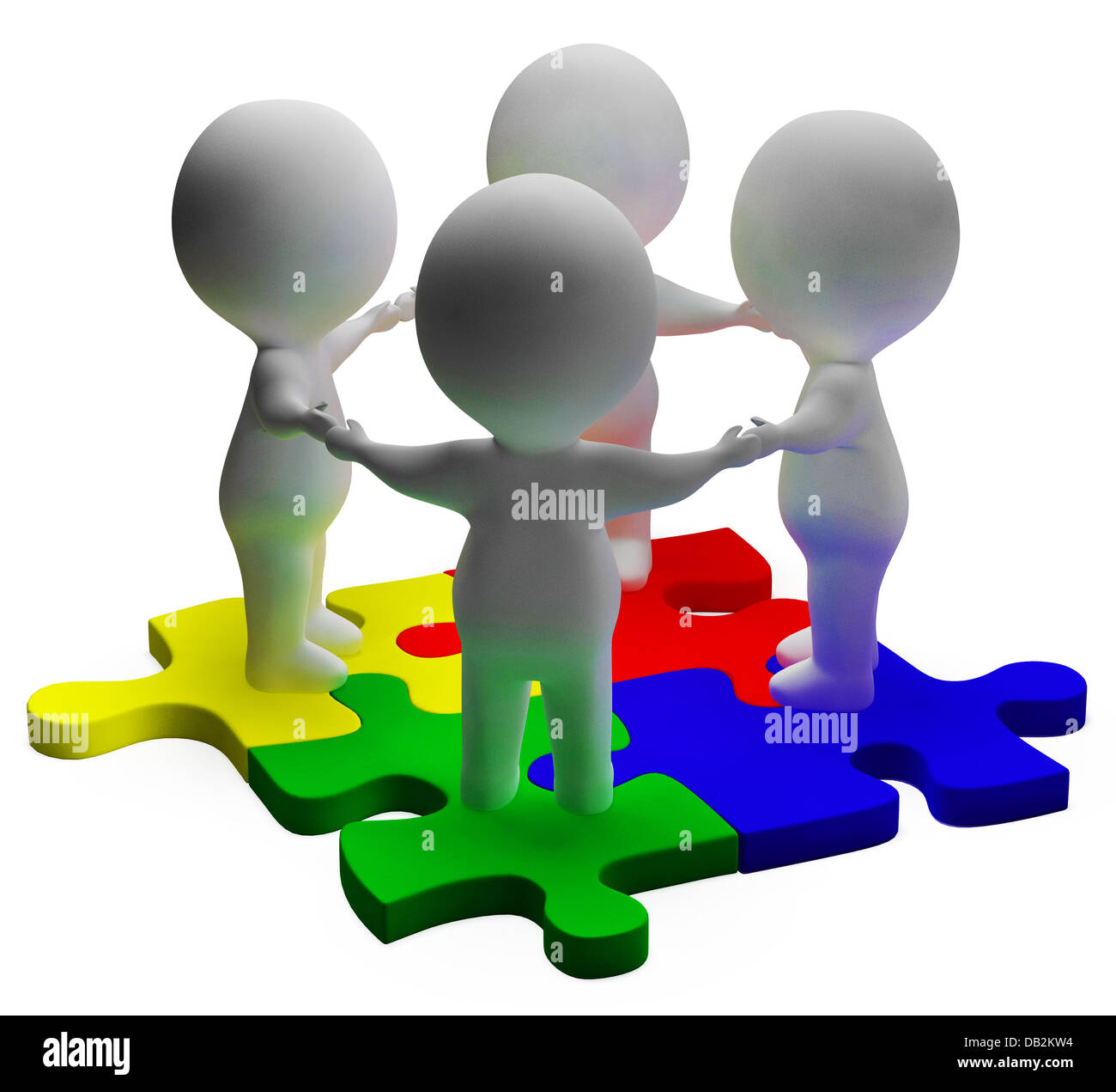 Rätsel gelöst und 3d Charaktere zeigt Einheit und Teamarbeit Stockfoto
