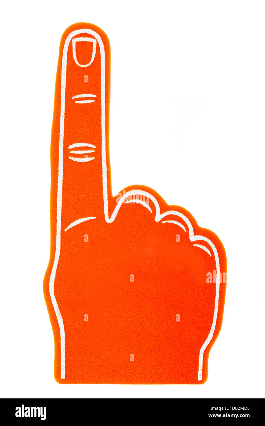 Eine orange Schaum Fan Finger auf weißem Hintergrund Stockfoto