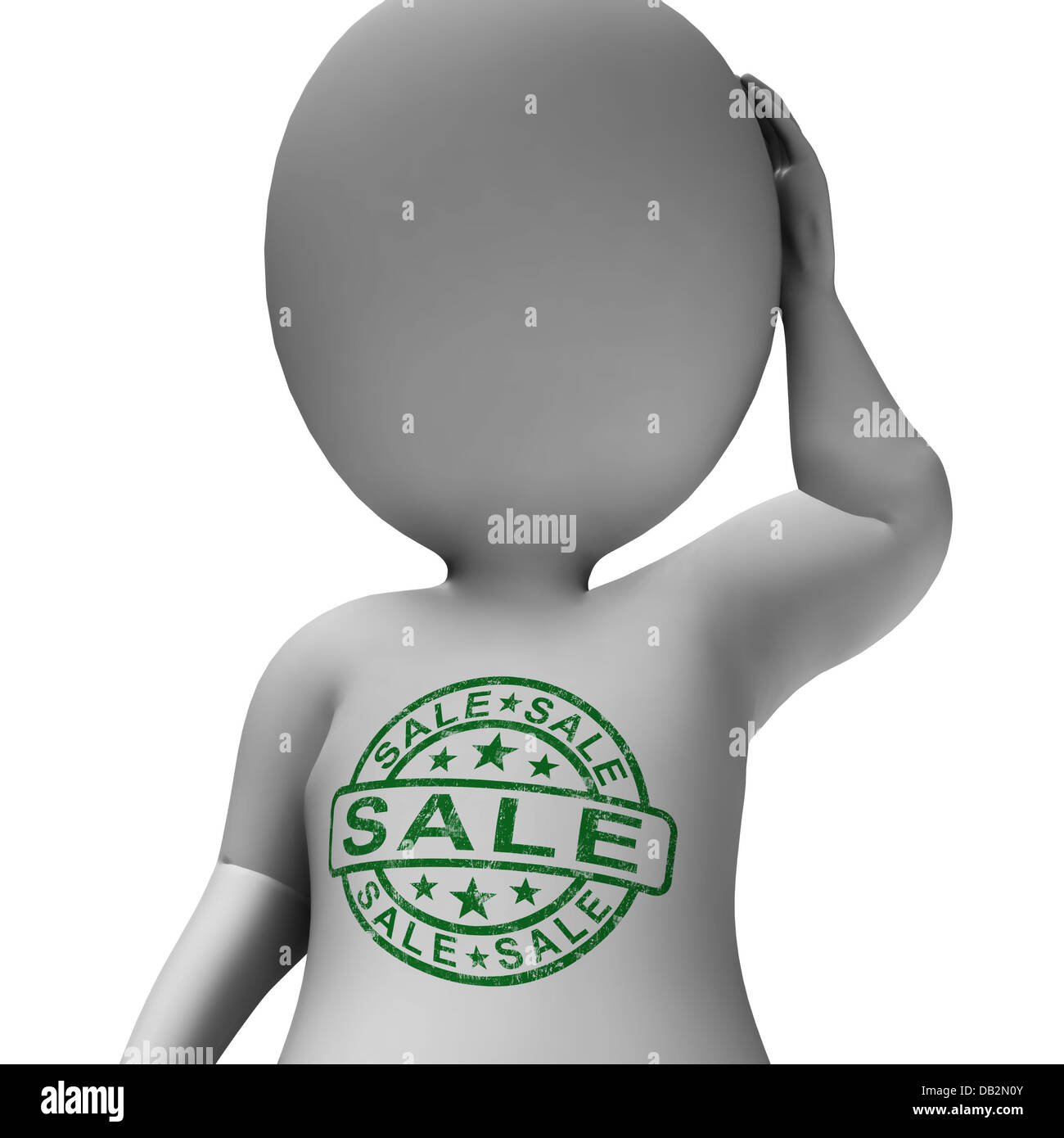 Verkauf-Stempel auf Mann zeigt Promotion Rabatt und Ermäßigung Stockfoto