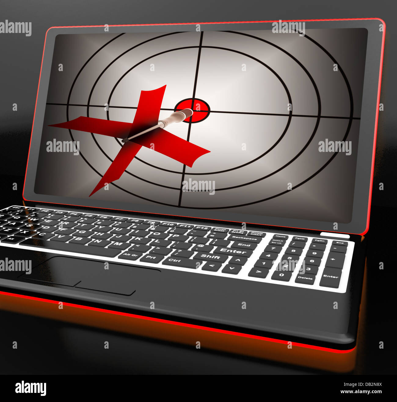 Pfeil mit dem Ziel auf Laptop zeigt effiziente Schuss Stockfoto